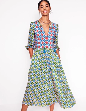 Clean Edge Notch Neck Midi Dress-Multi, Bloom Geo