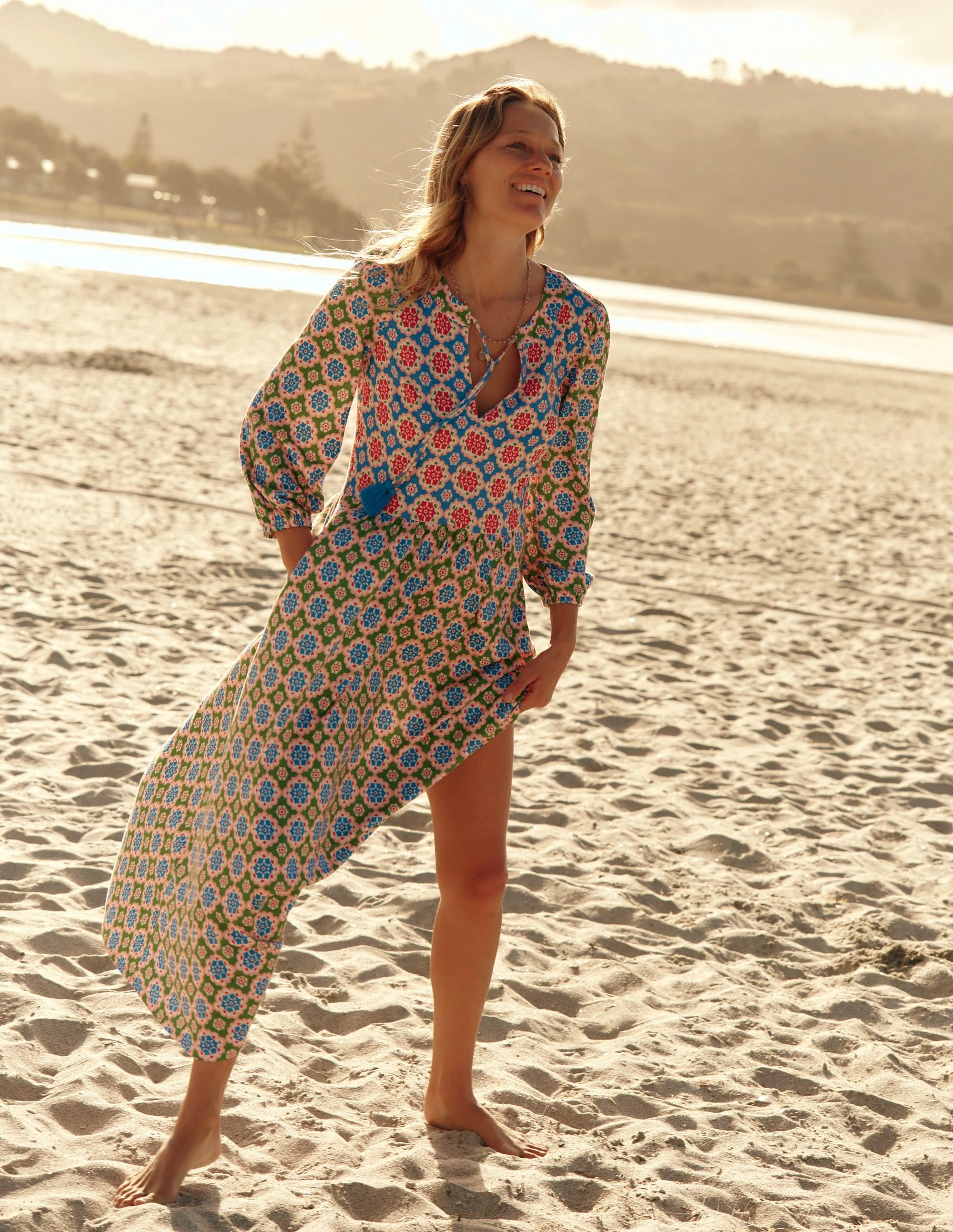 Modern Finish Notch Neck Midi Dress-Multi, Bloom Geo