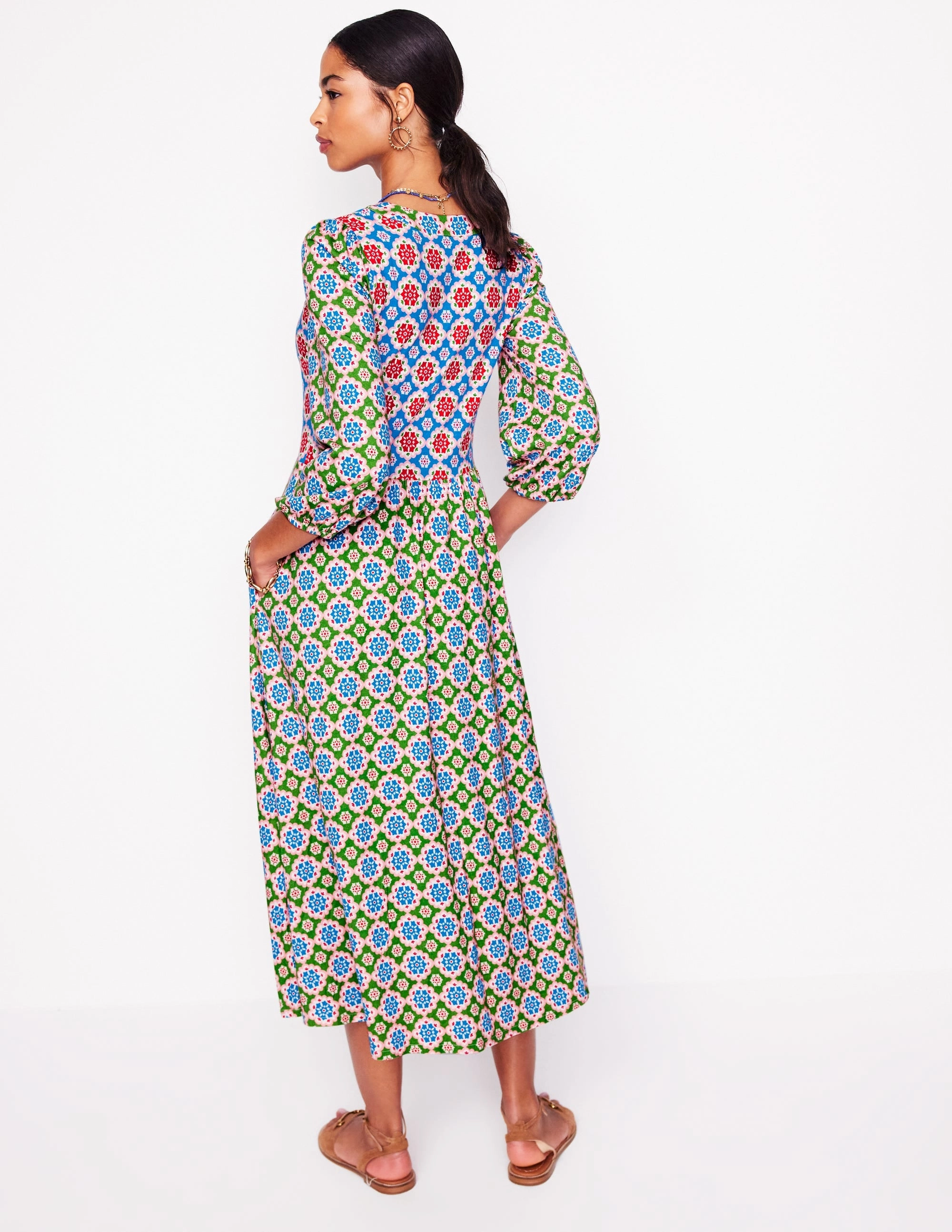Smooth Detail Notch Neck Midi Dress-Multi, Bloom Geo