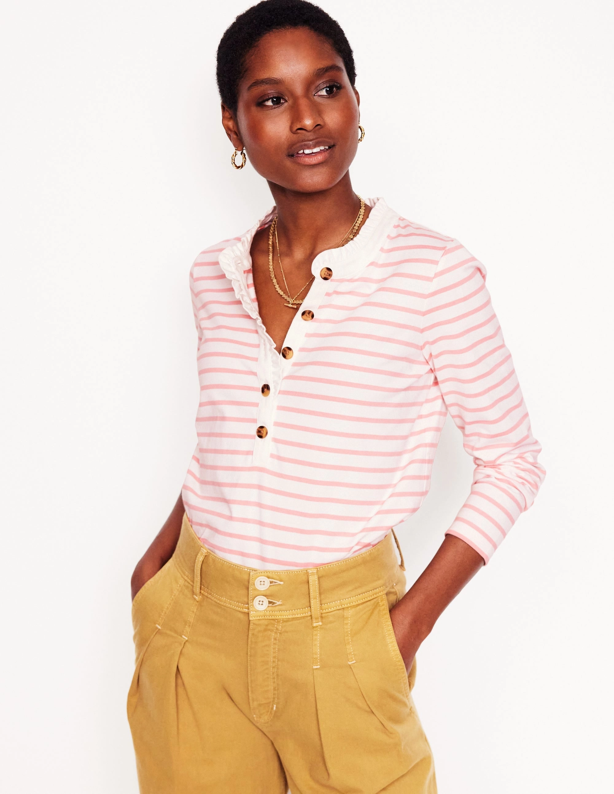 Frill Neck Breton Top-Ivory, Quartz Pink Stripe Weekend Wardrobe