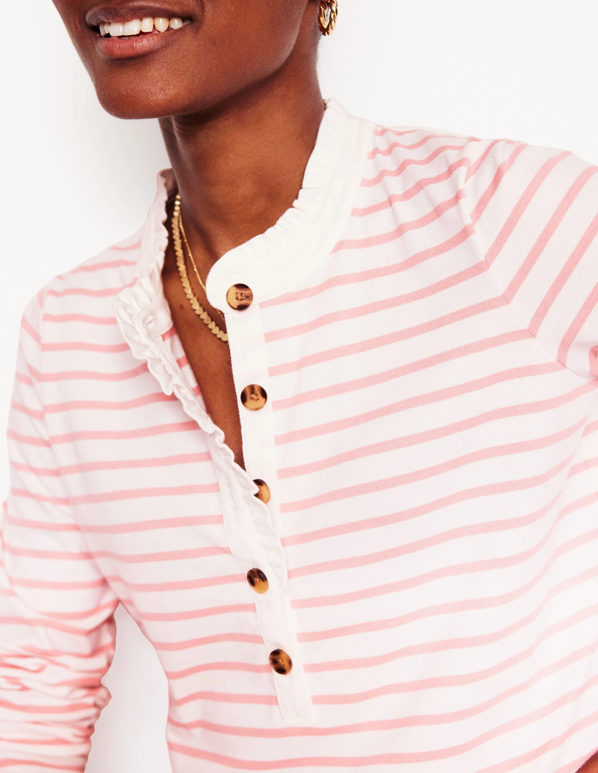 Frill Neck Breton Top-Ivory, Quartz Pink Stripe short sleeved Comfy Apparel
