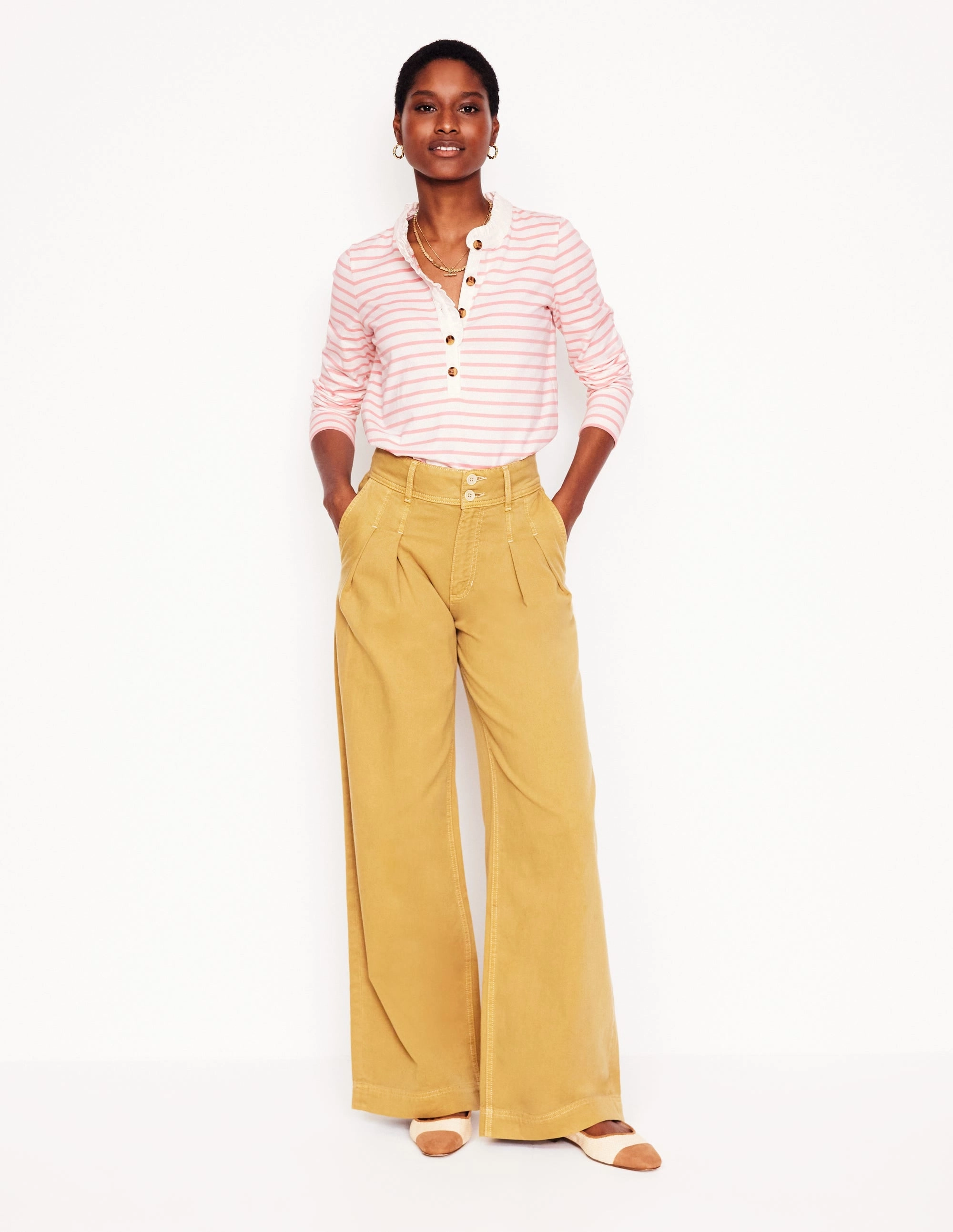 QuickDry Material Anti Shrinkage Treatment Frill Neck Breton Top-Ivory, Quartz Pink Stripe