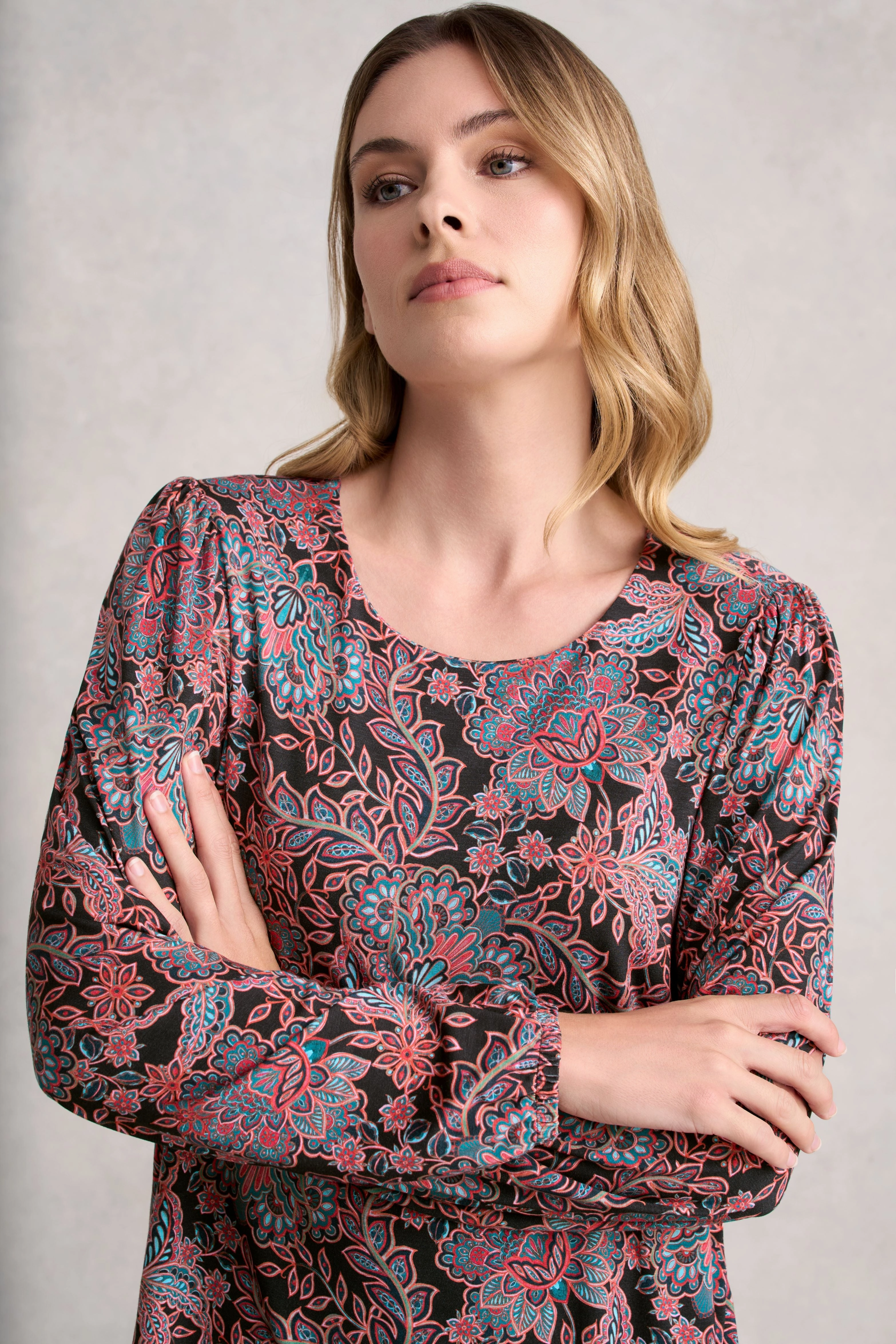 Printed Long Sleeve Scoop Neck Top - Intricate Floral Lightweight Fabric