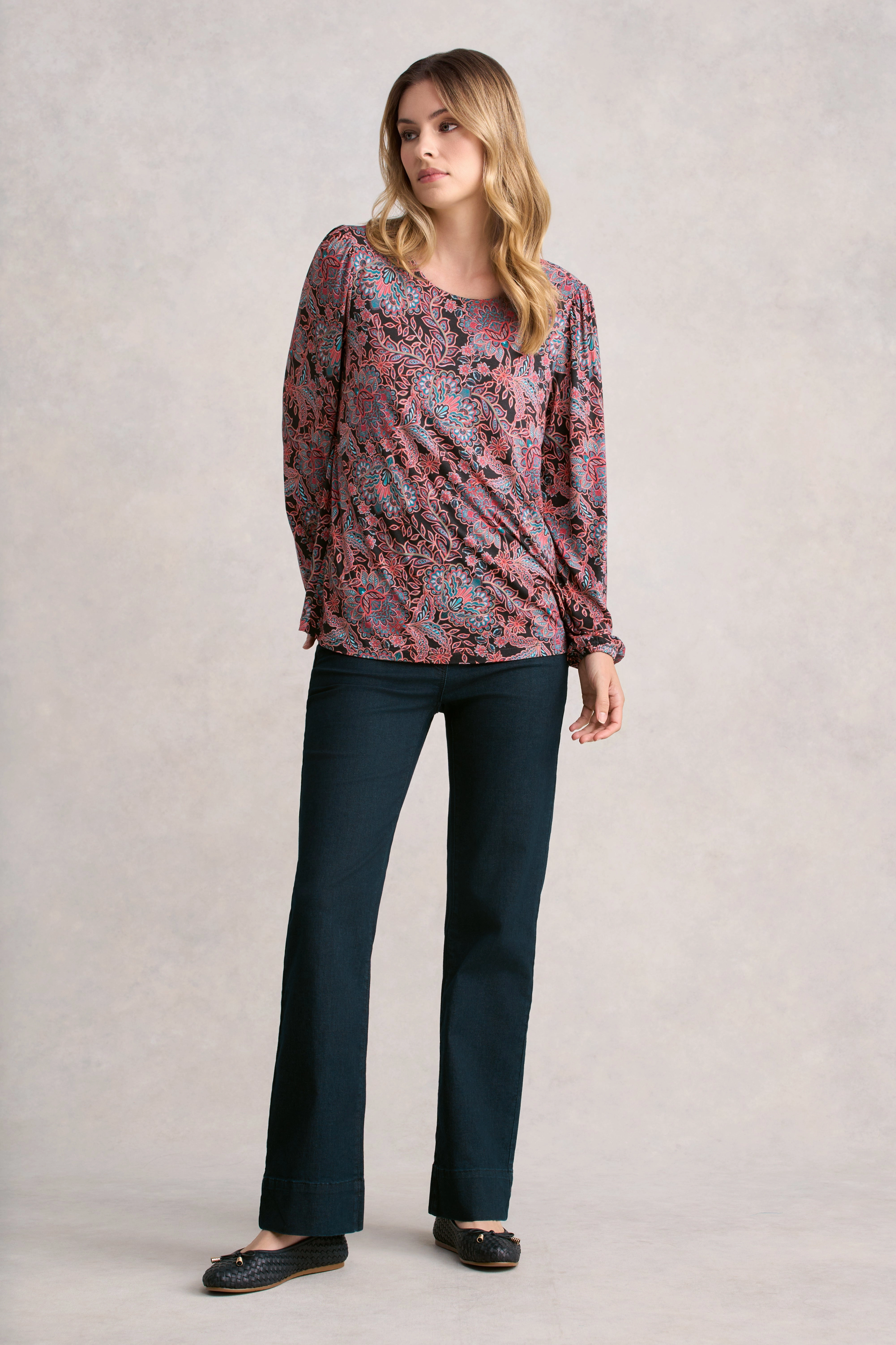 Printed Long Sleeve Scoop Neck Top - Intricate Floral AntiPillingTreatment