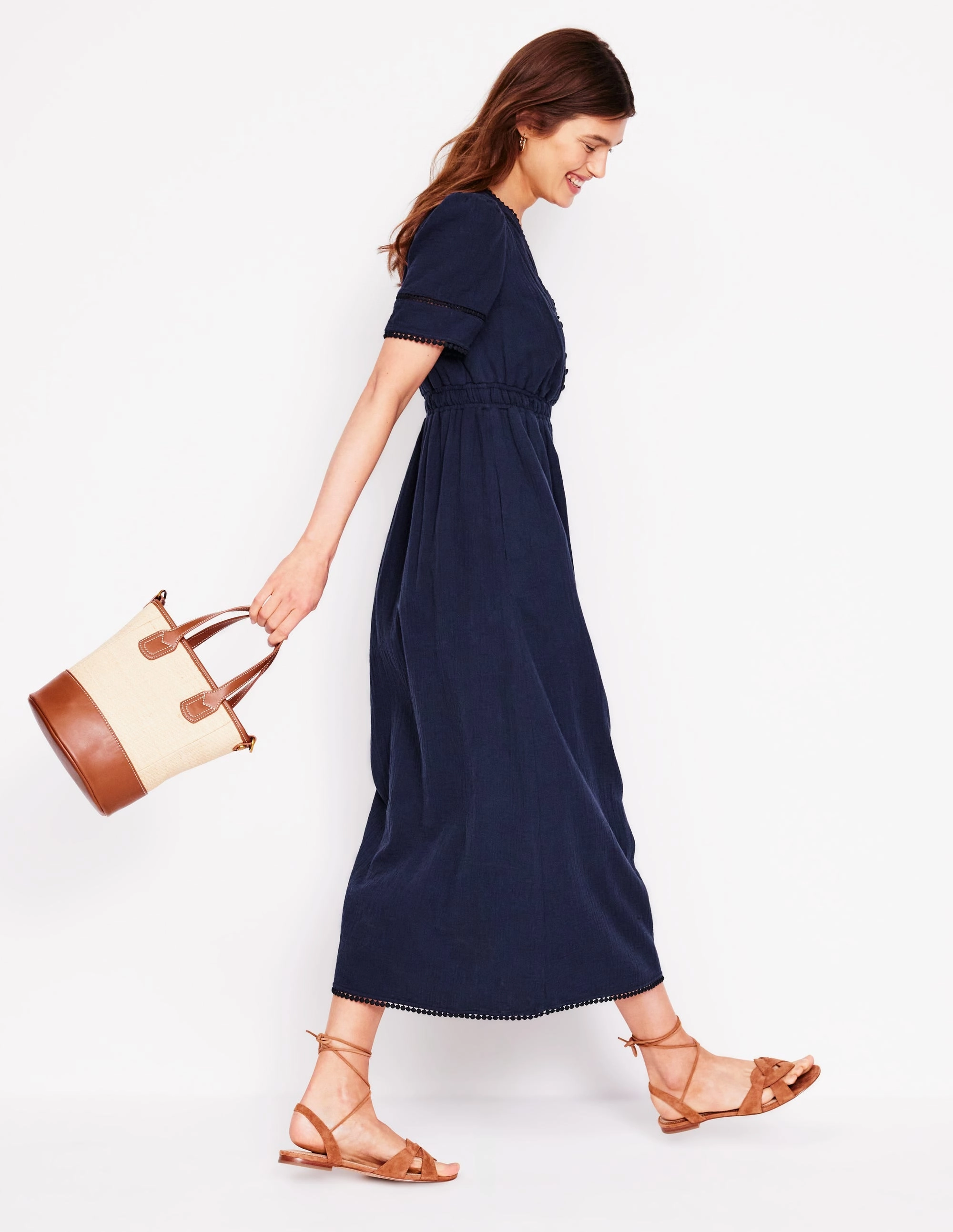 Summer Fashion Sophisticated Waist Fit Trim Double Cloth Dress-Navy