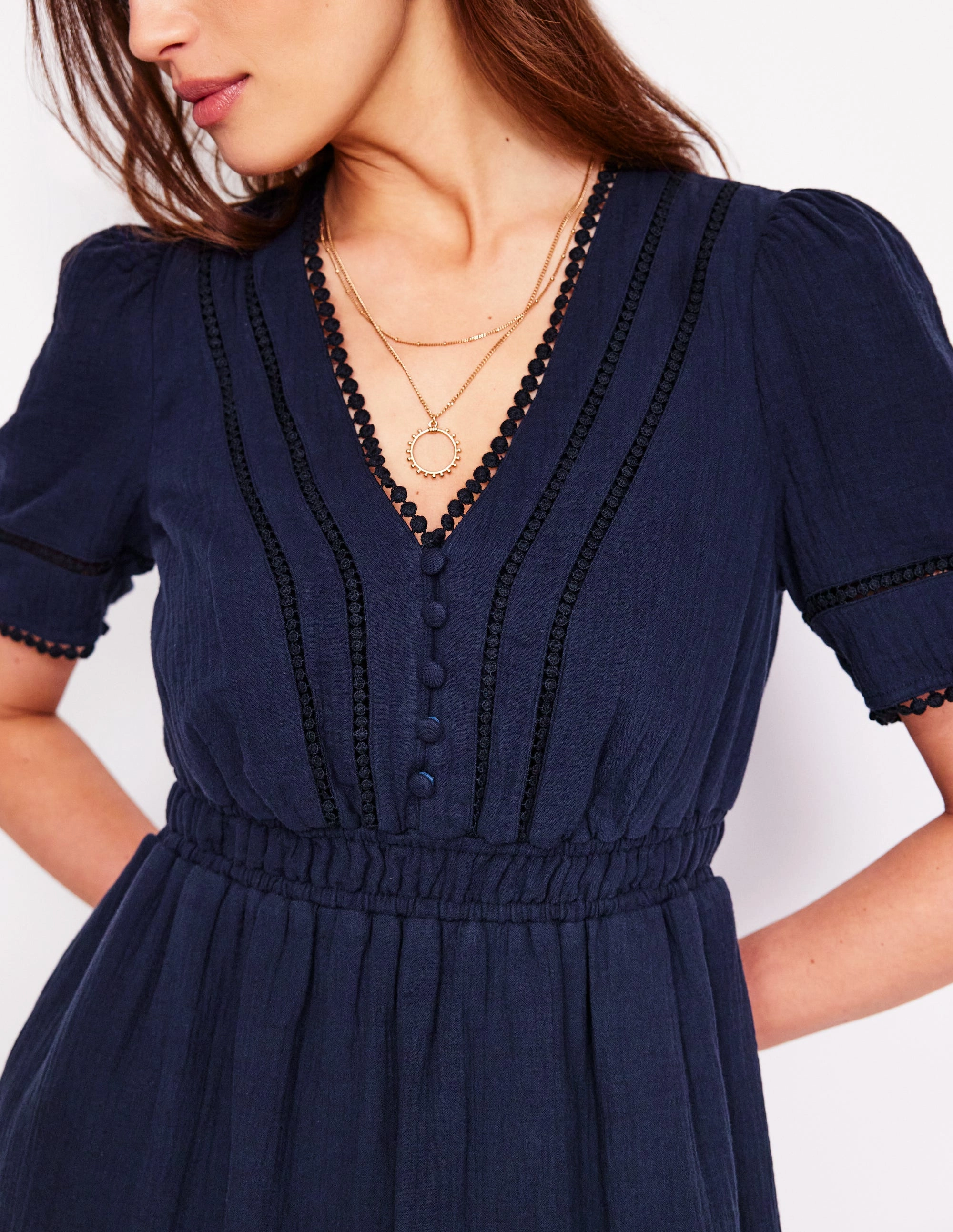 Trim Double Cloth Dress-Navy Wedding guest