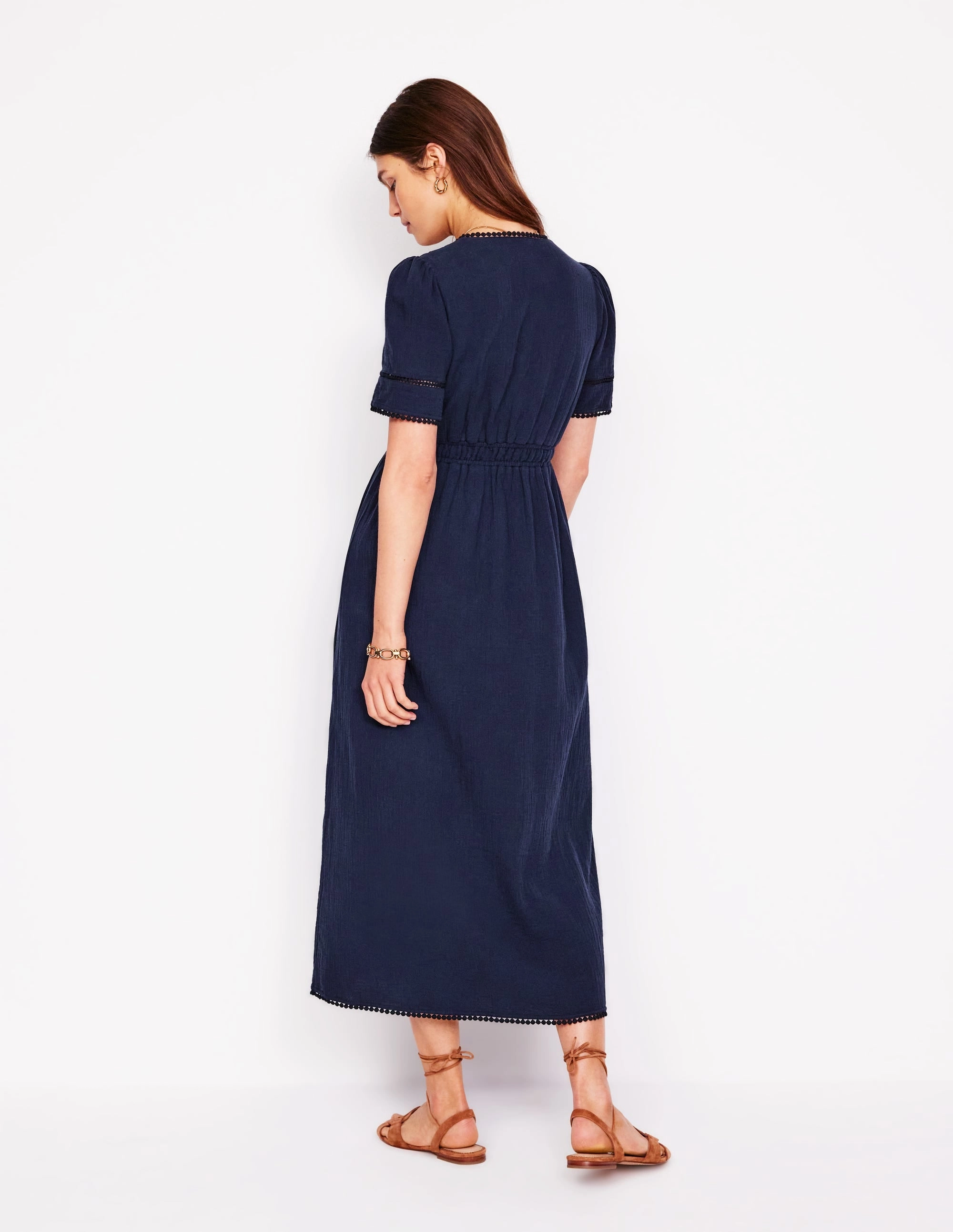 Front Ruffle Trim Double Cloth Dress-Navy