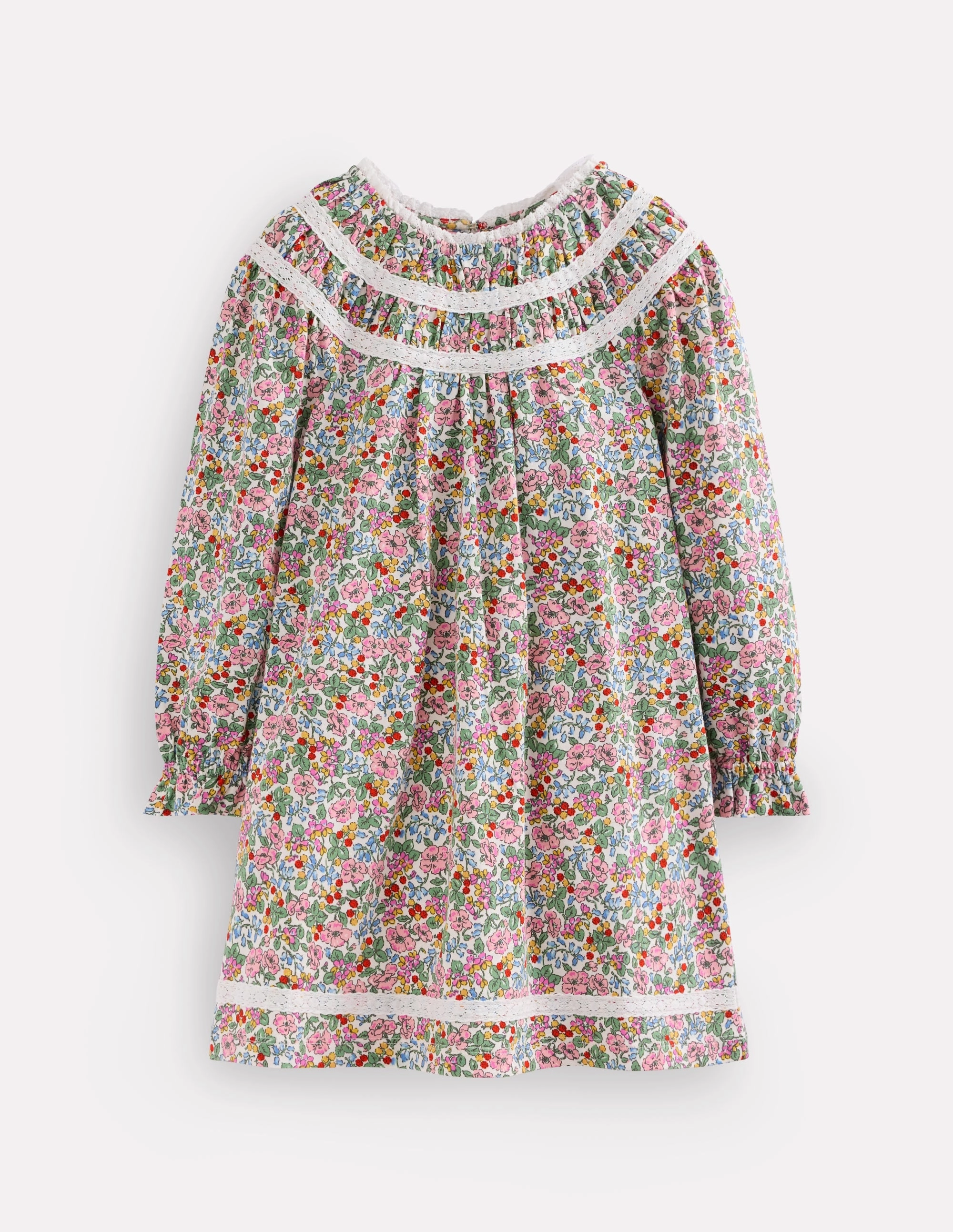 Comfortable and Fashionable Pretty Lace Trim Jersey Dress-Soft Ivory Berry Floral