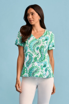 Light Fabric Print V-Neck T-Shirt - Fern
