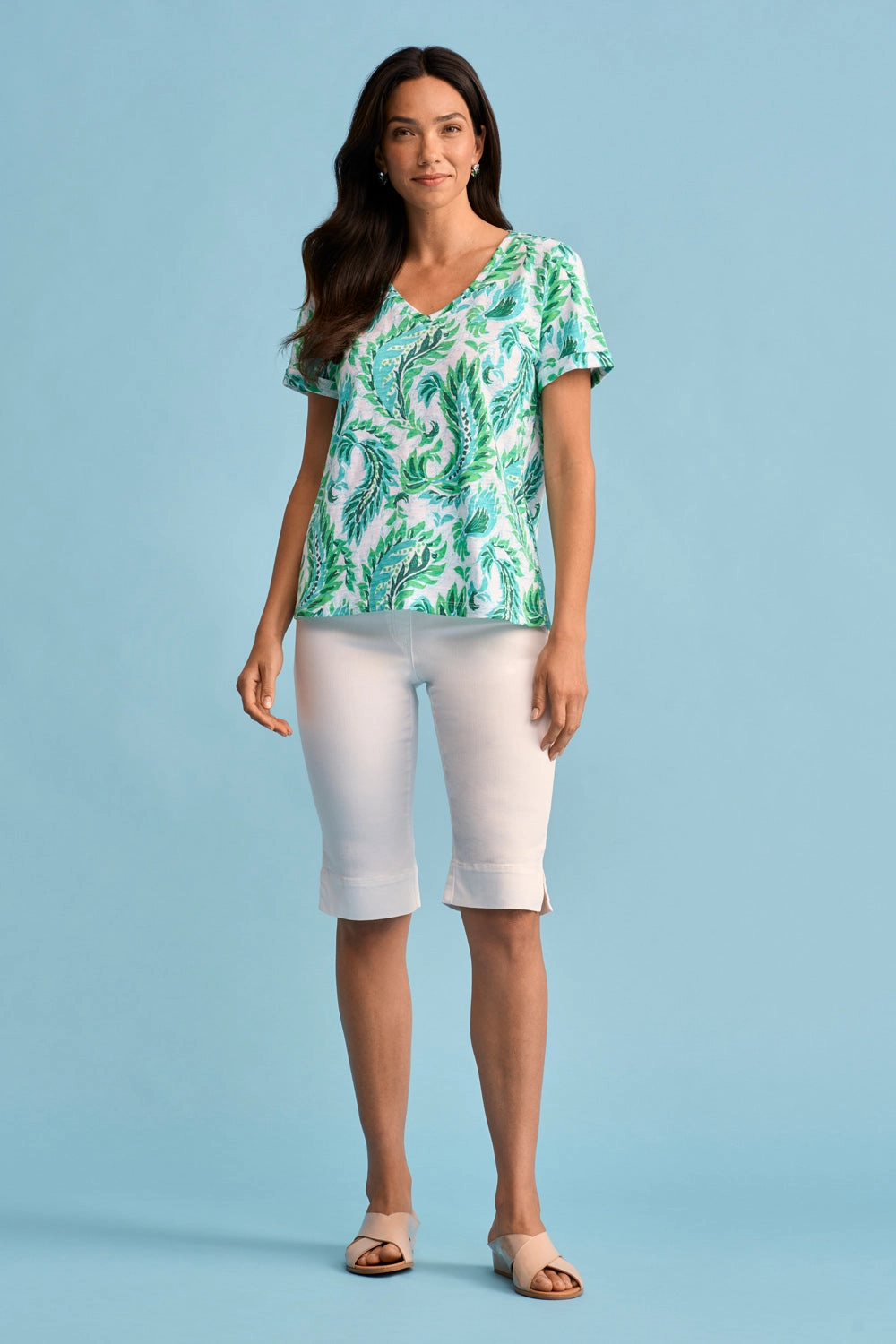 Print V-Neck T-Shirt - Fern Curved Hem