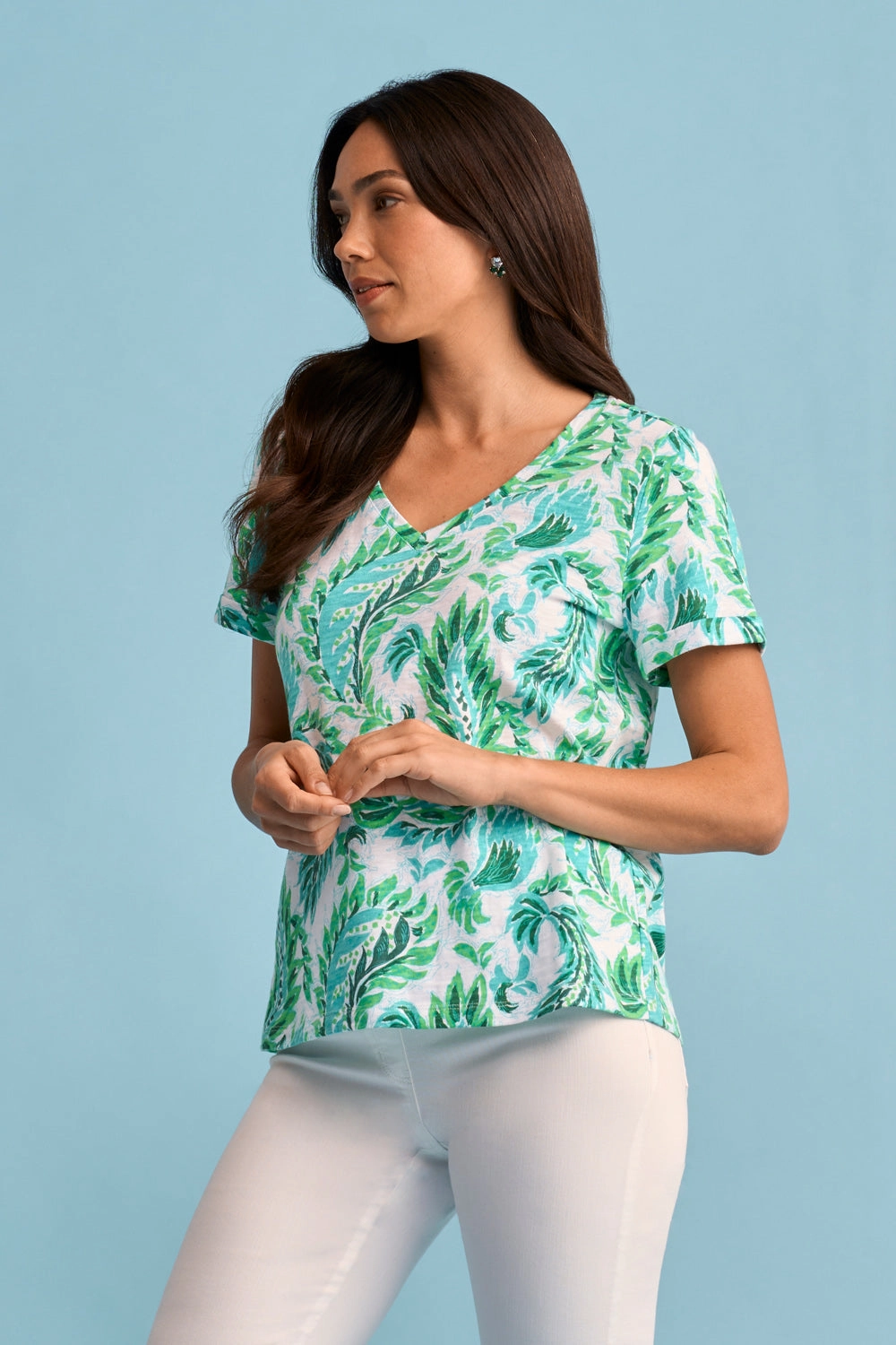 SoftBrushed Cozy Fit Print V-Neck T-Shirt - Fern