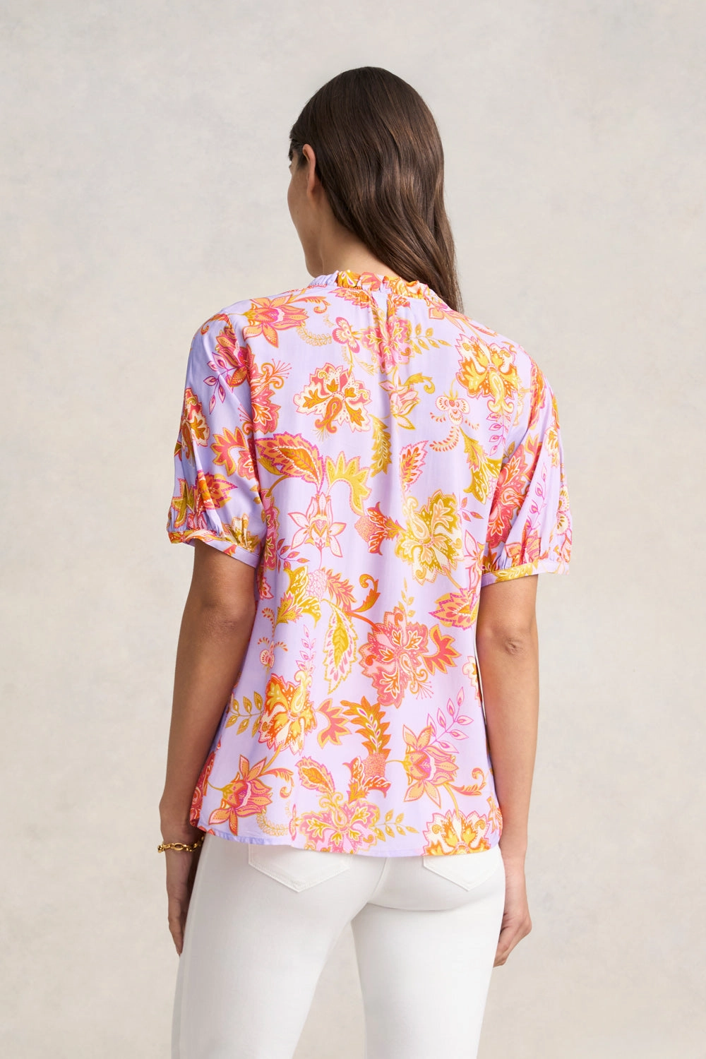 Printed Frill Neck Blouse - Floral Lilac Print Colorfast Dye Method