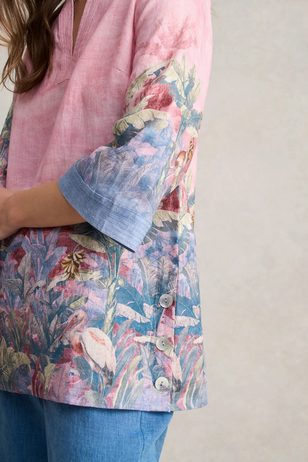 Printed Linen Tunic ?C Sunset Palms Print Adjustable Cuff System AntiPillingTechnology