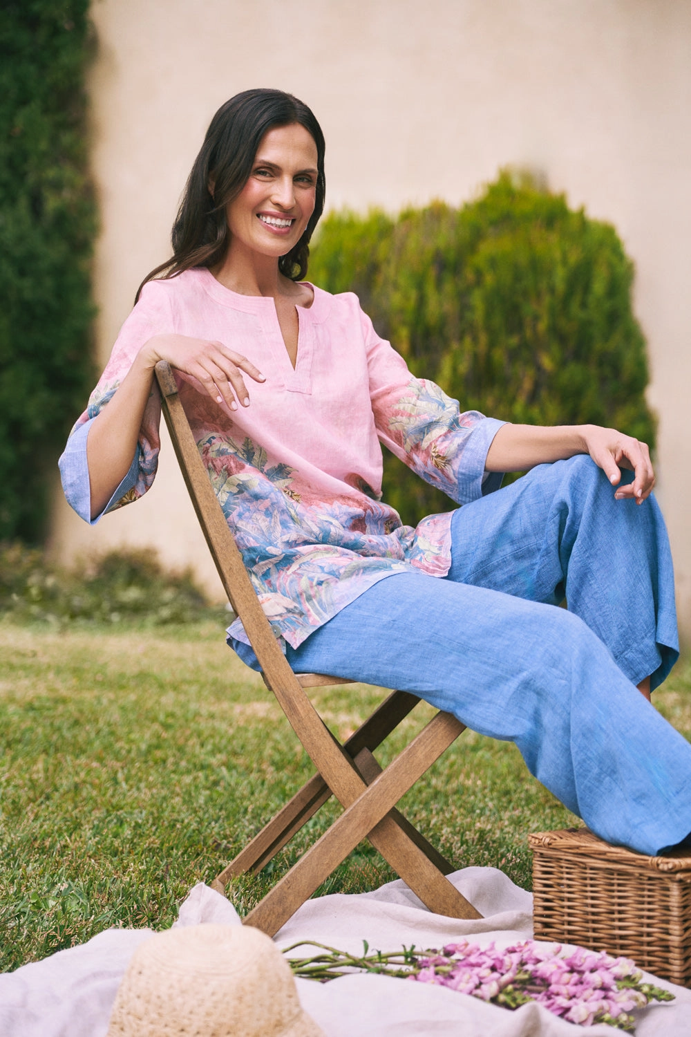 Printed Linen Tunic ?C Sunset Palms Print Ultrasoft Inner Lining Layered Neckline Details