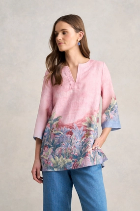 Printed Linen Tunic ?C Sunset Palms Print FlexFoamInserts LowMaintenanceMaterial