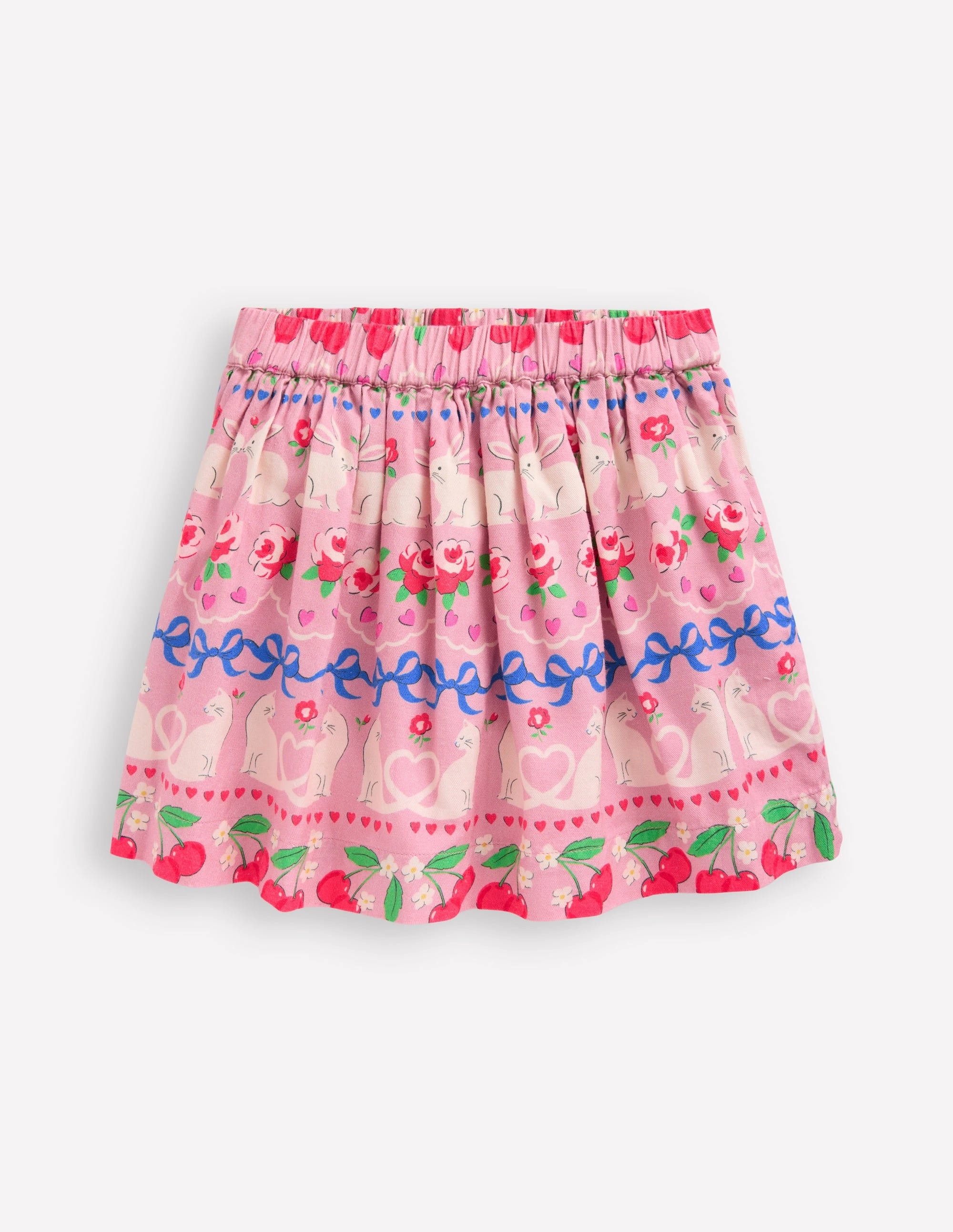 Occasion Dressing Front Slit Printed Pull-On Twirly Skirt-Pink Valentines Bunny Stripe