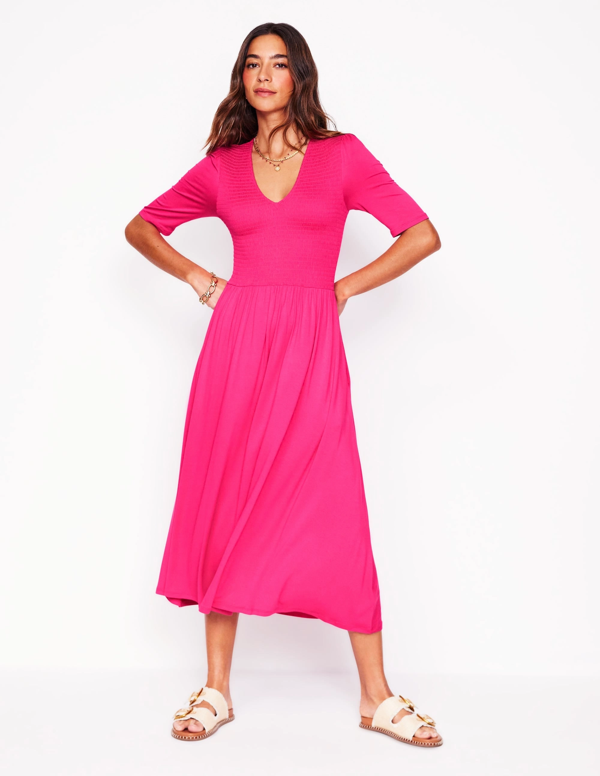Bethany Smocked Jersey Dress-Pink Peony Sheer Layer Night Appeal