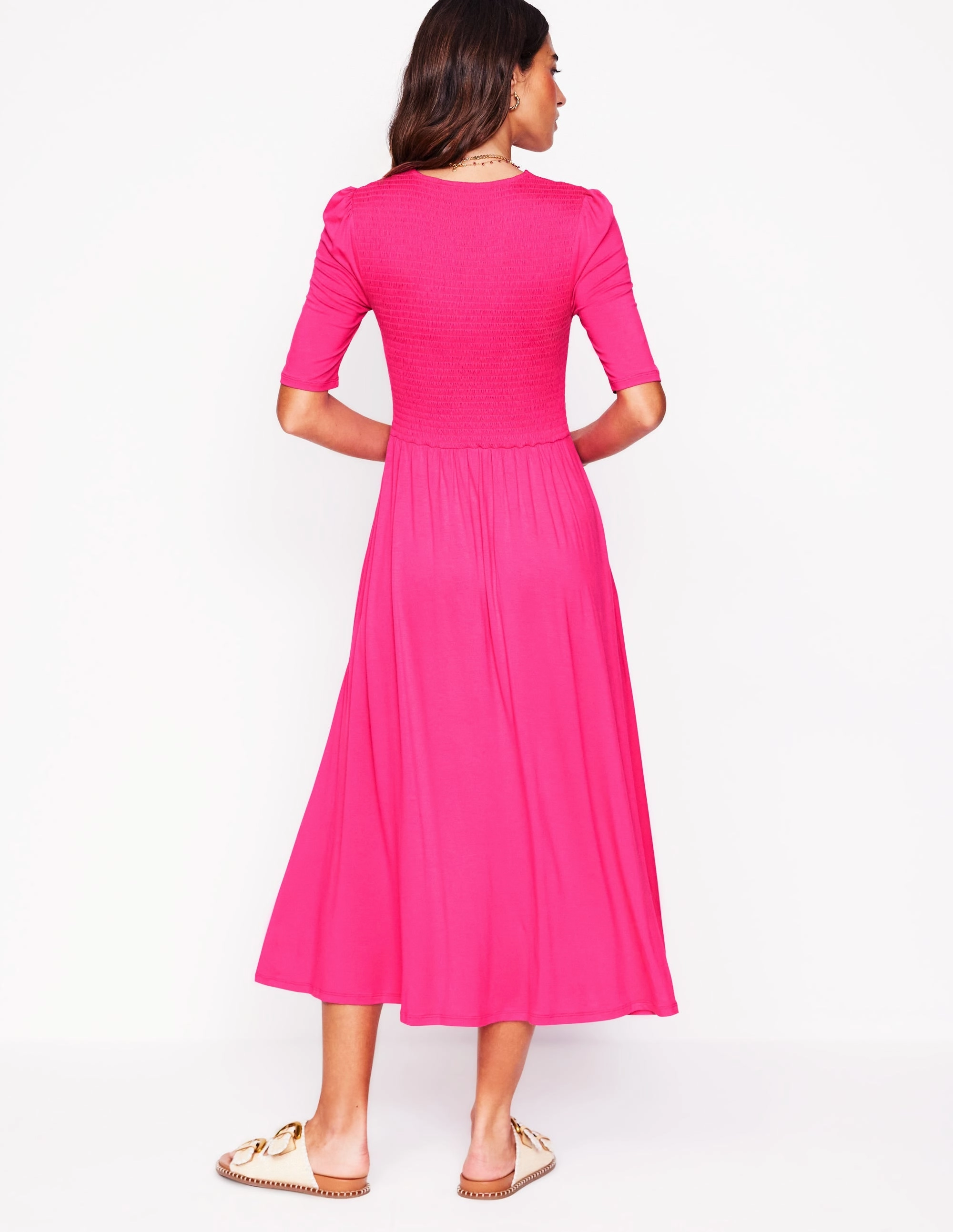 Bethany Smocked Jersey Dress-Pink Peony Effortless Layer Wear Evening Chic