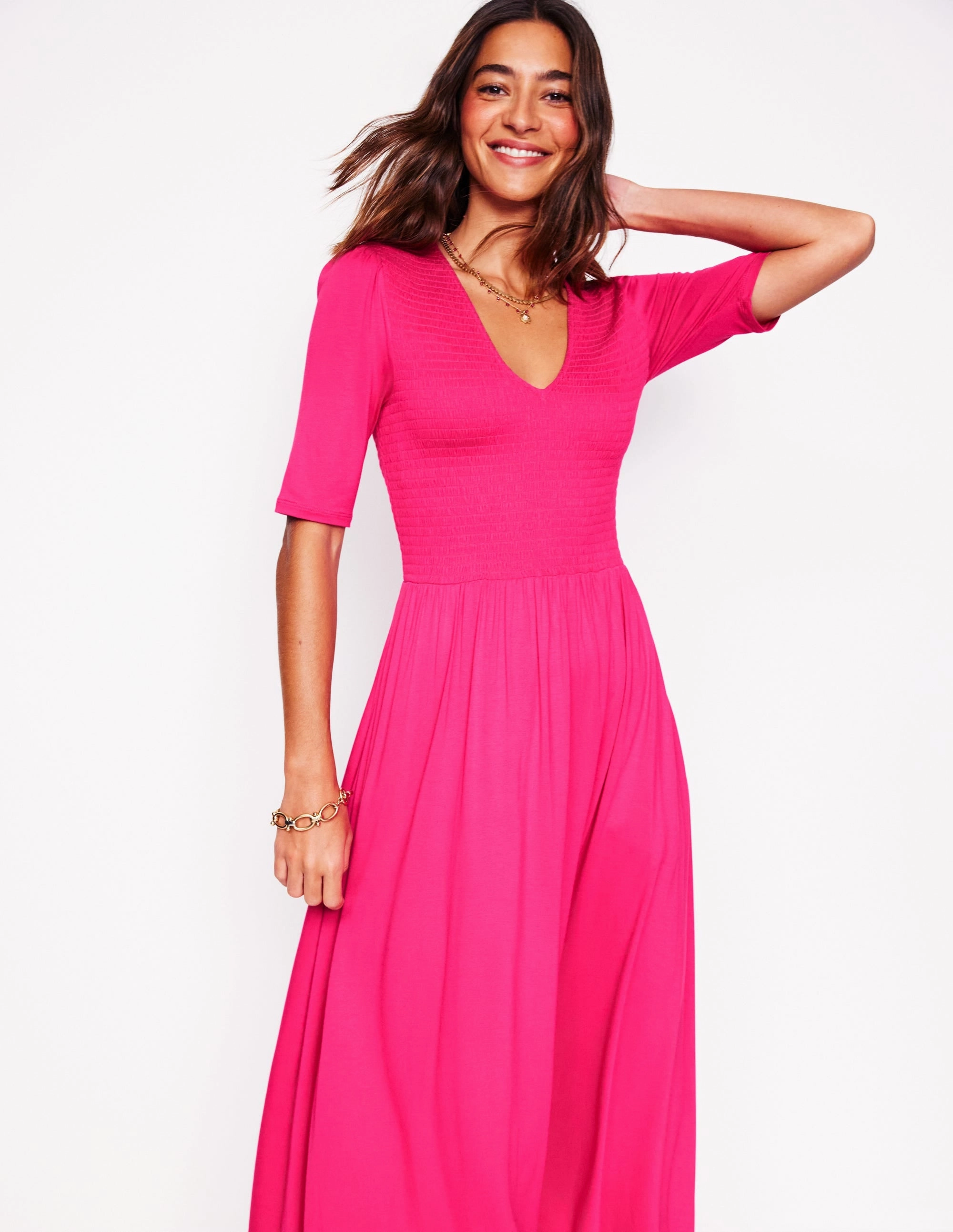 Bethany Smocked Jersey Dress-Pink Peony Elegant Waistband