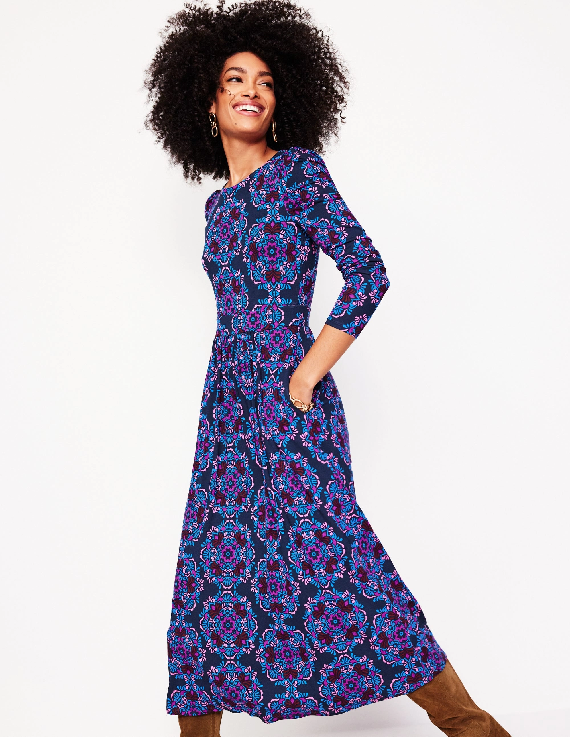 Puff Sleeve Blouson Dress-Regal Purple, Mosaic Cascade Wedding-Guest