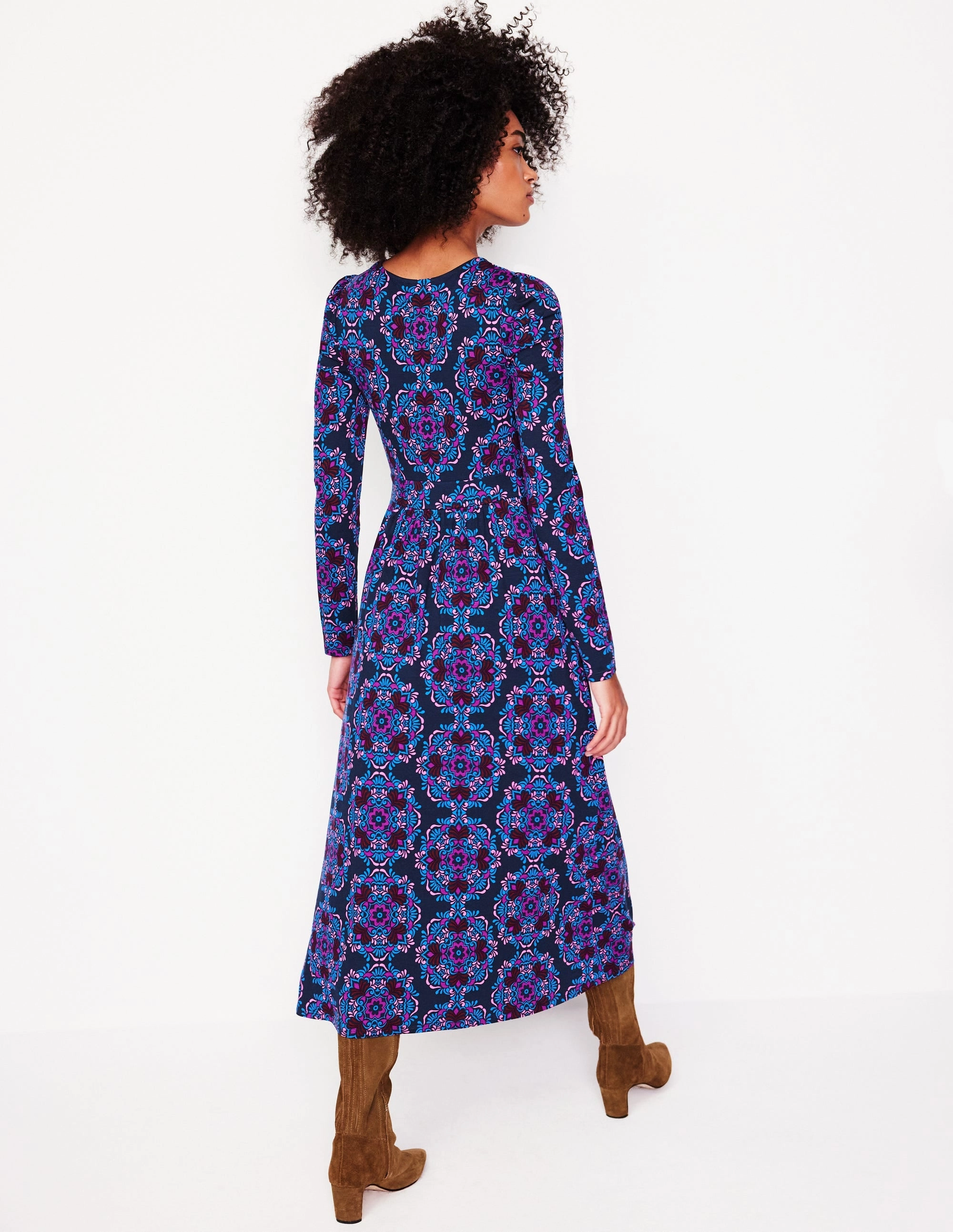 Puff Sleeve Blouson Dress-Regal Purple, Mosaic Cascade Perfect For Any Occasion