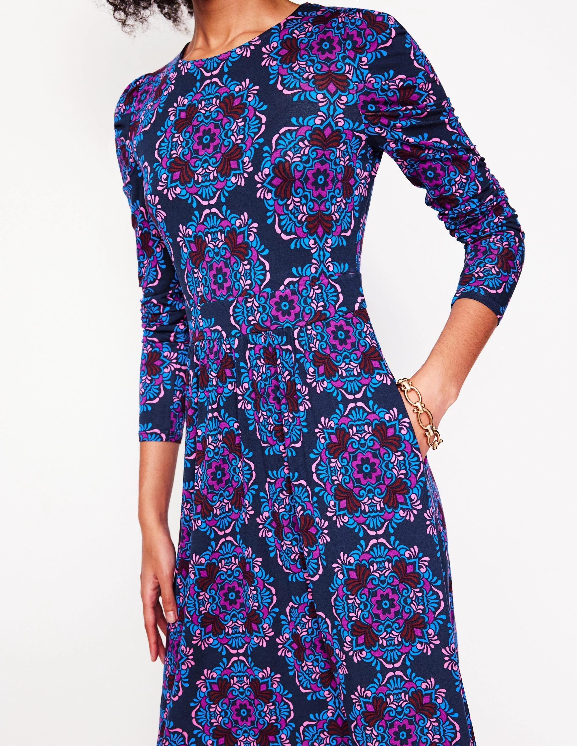 Puff Sleeve Blouson Dress-Regal Purple, Mosaic Cascade Vintage feel