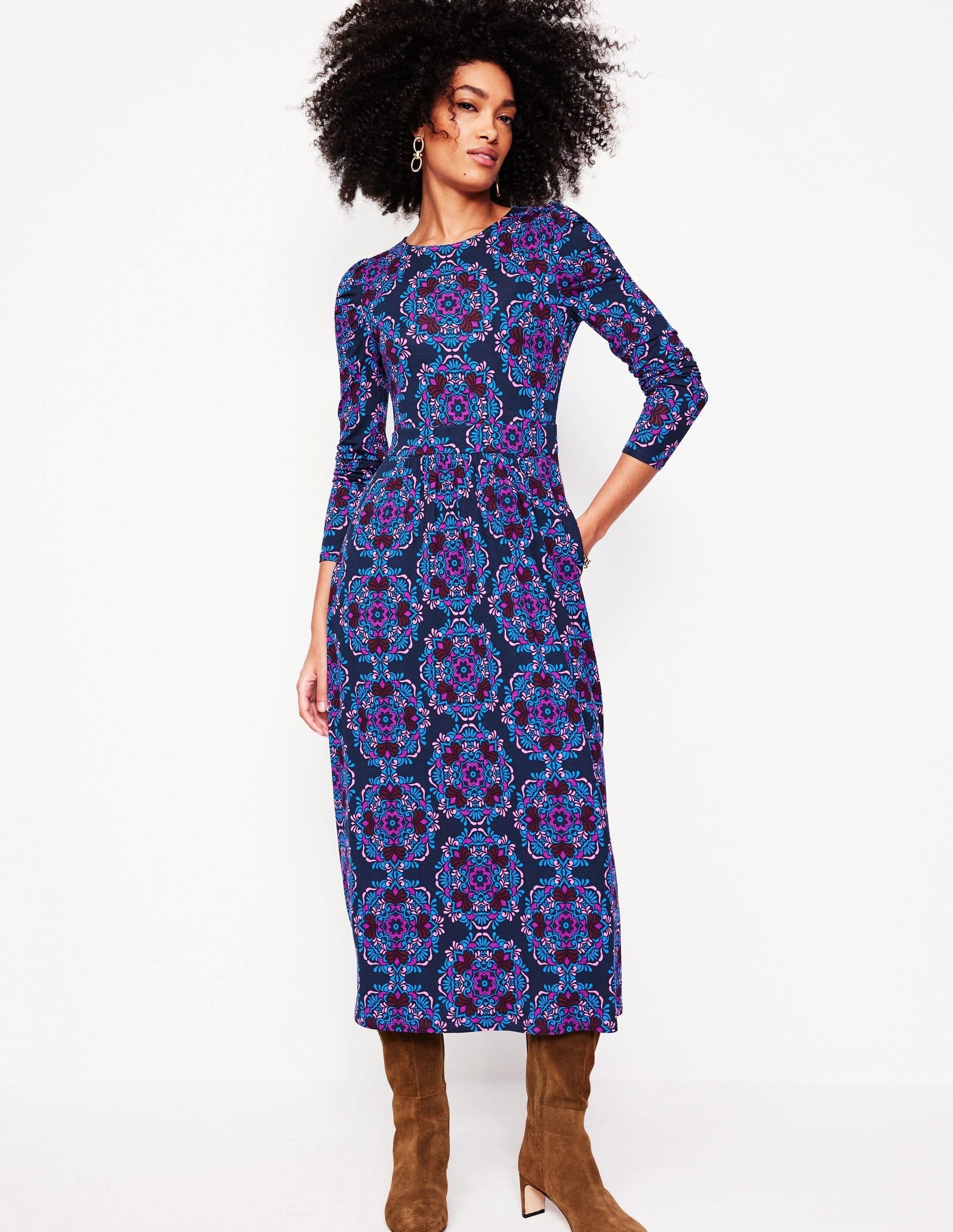 Puff Sleeve Blouson Dress-Regal Purple, Mosaic Cascade Evening Glow Statement Look