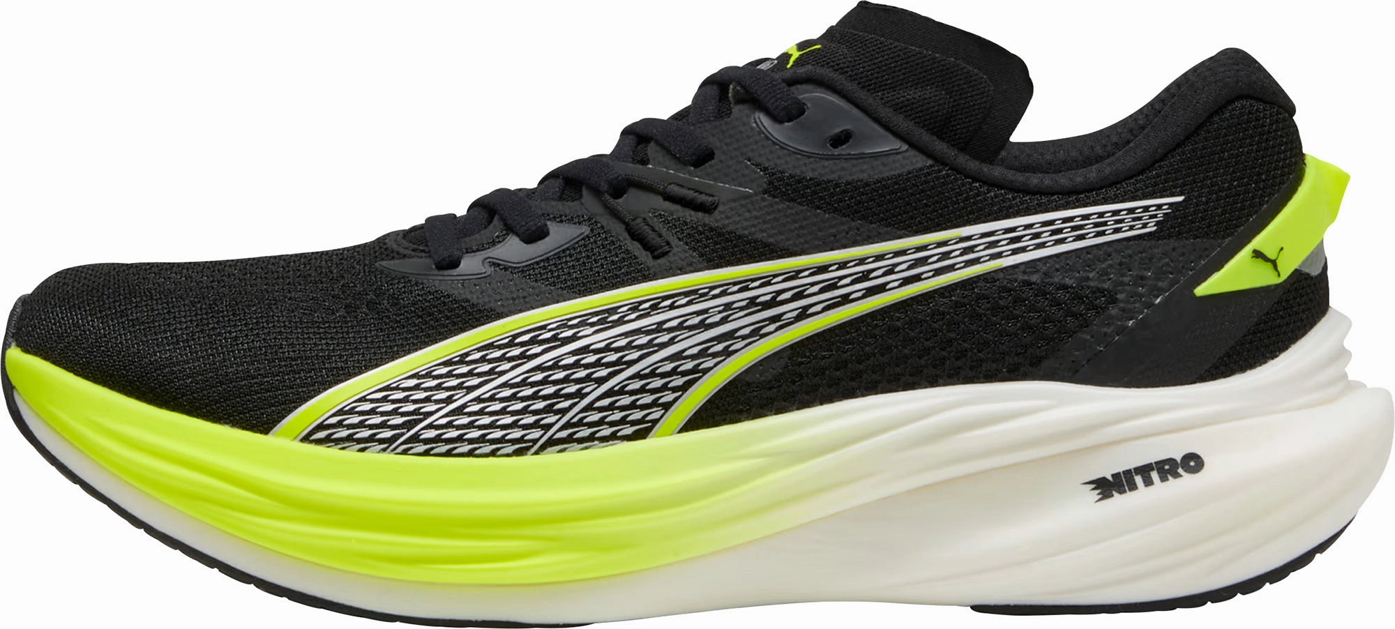 Puma Deviate Nitro 3 WIDE FIT Mens Running Shoes - Black Strobel Last Construction running in a tunnel area shoes