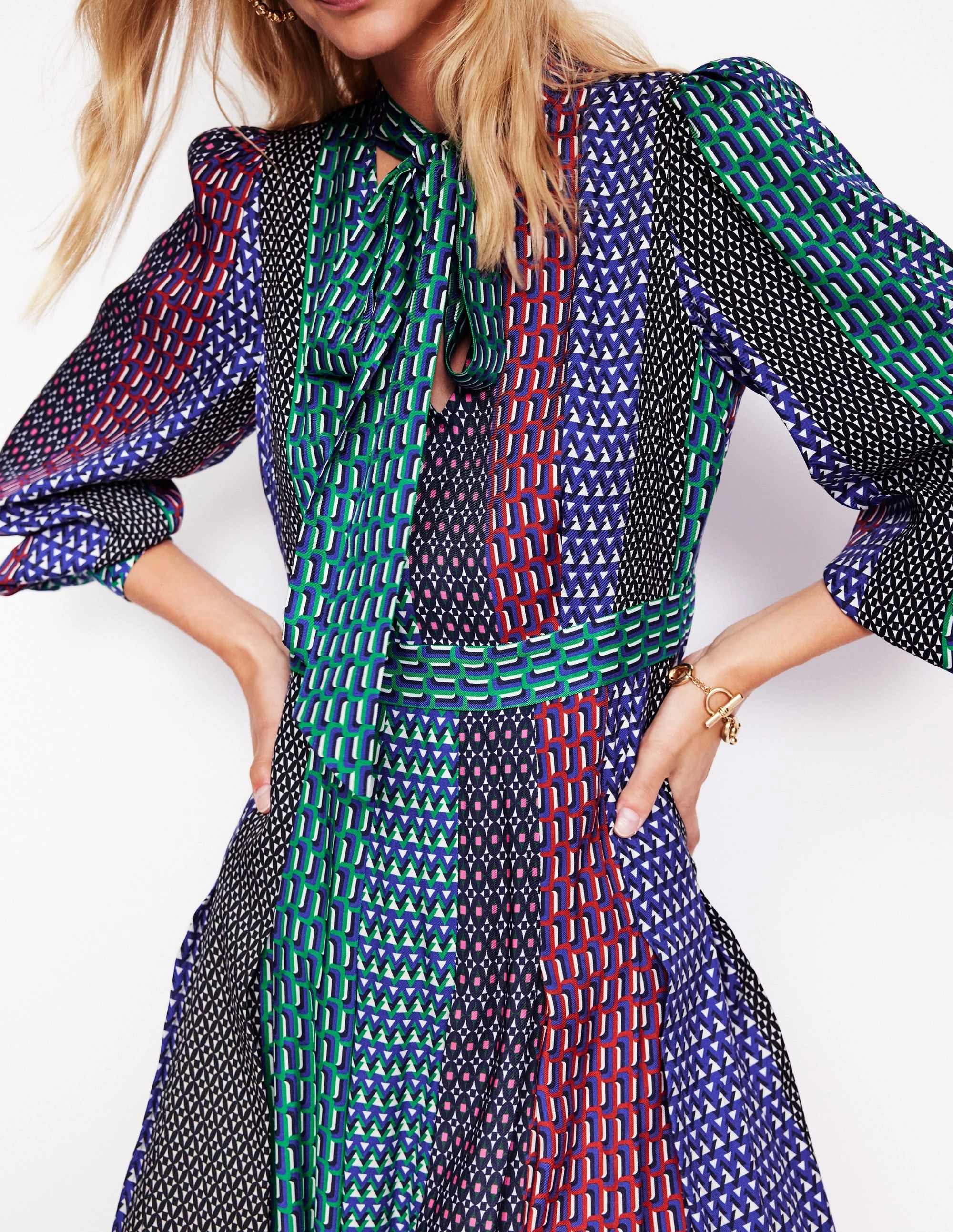 Light Cloud Olive Tone Pussy Bow Midi Dress-Multi, Geo Mix