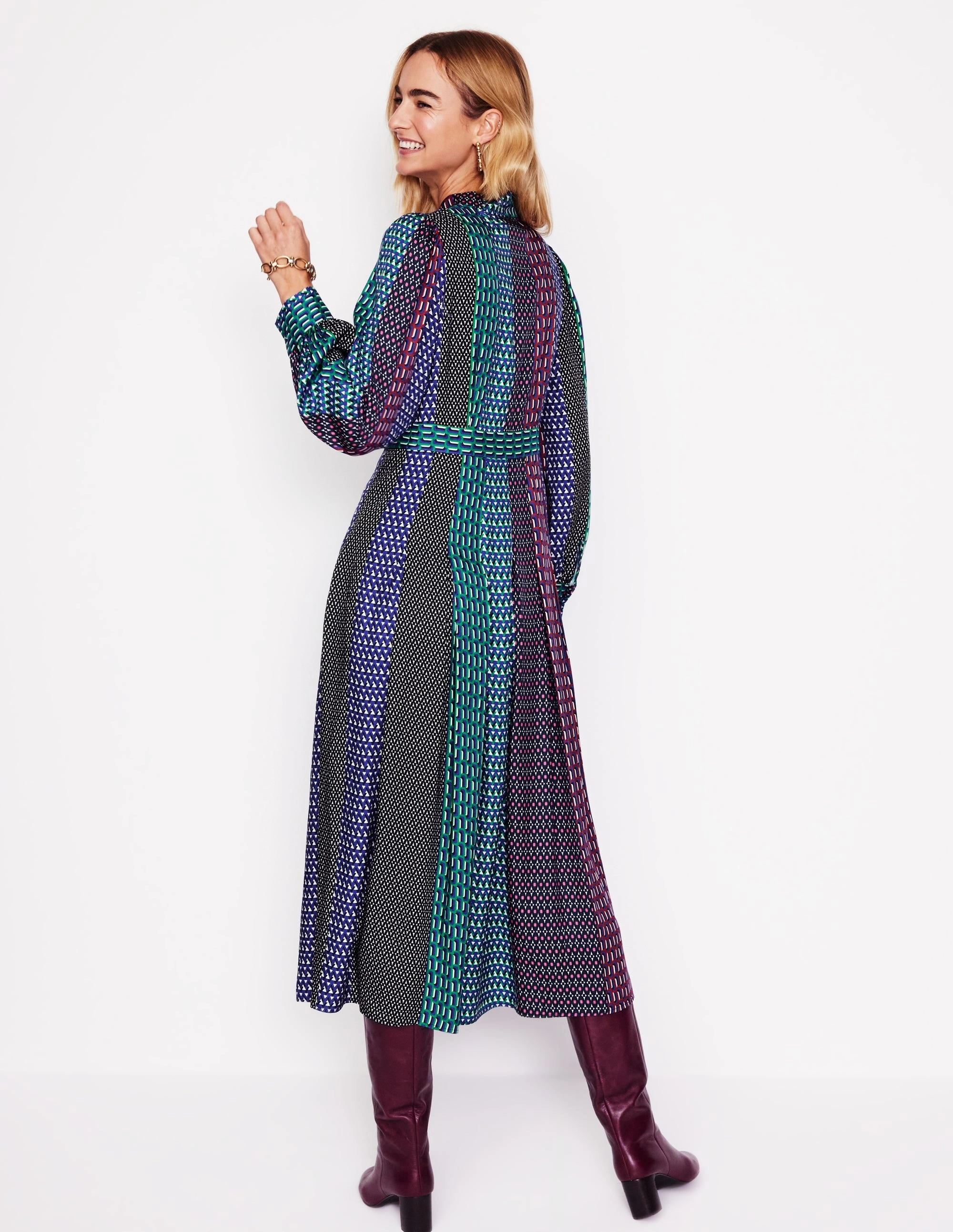 Clean Tone Pussy Bow Midi Dress-Multi, Geo Mix