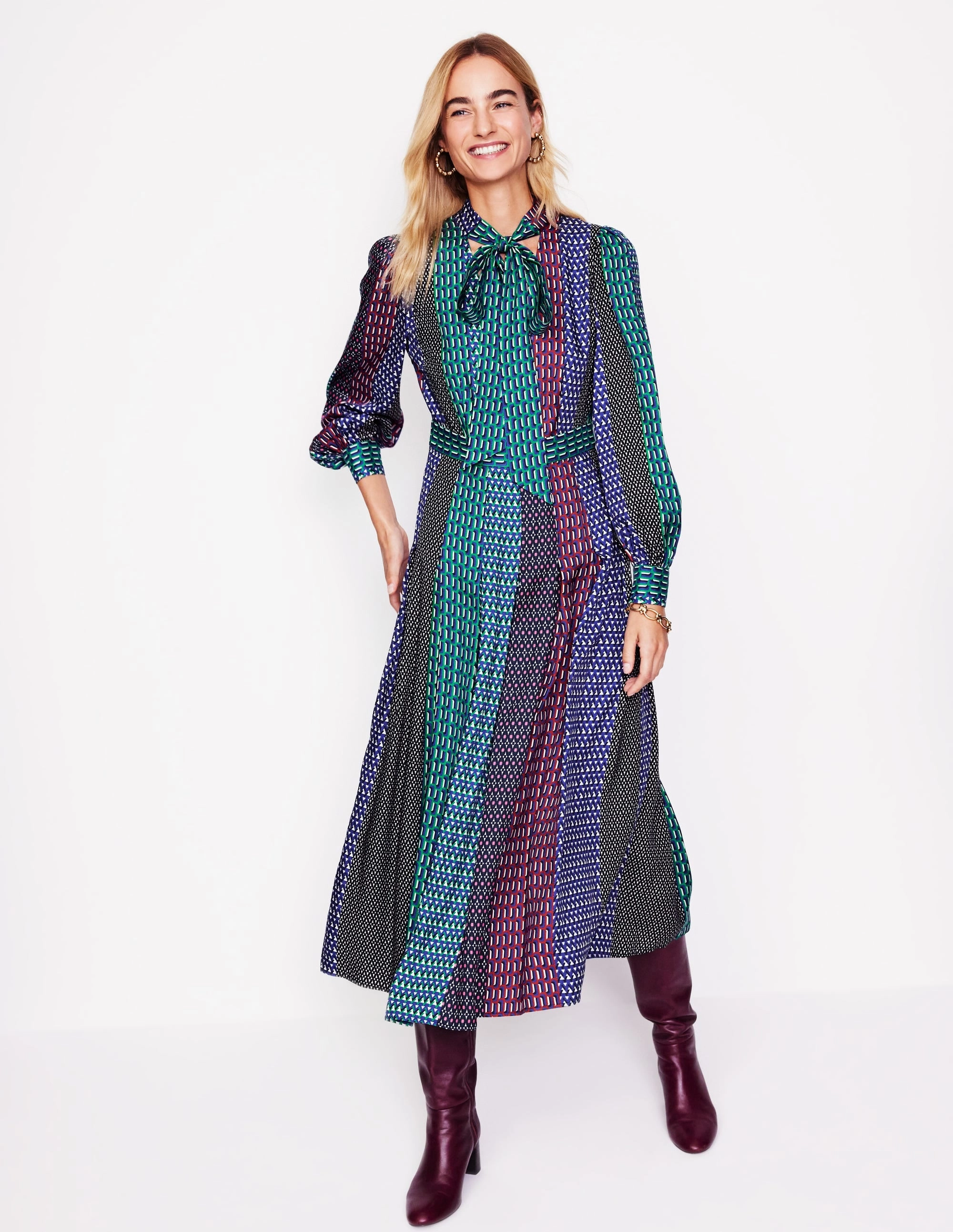 Elegant formal piece Pussy Bow Midi Dress-Multi, Geo Mix