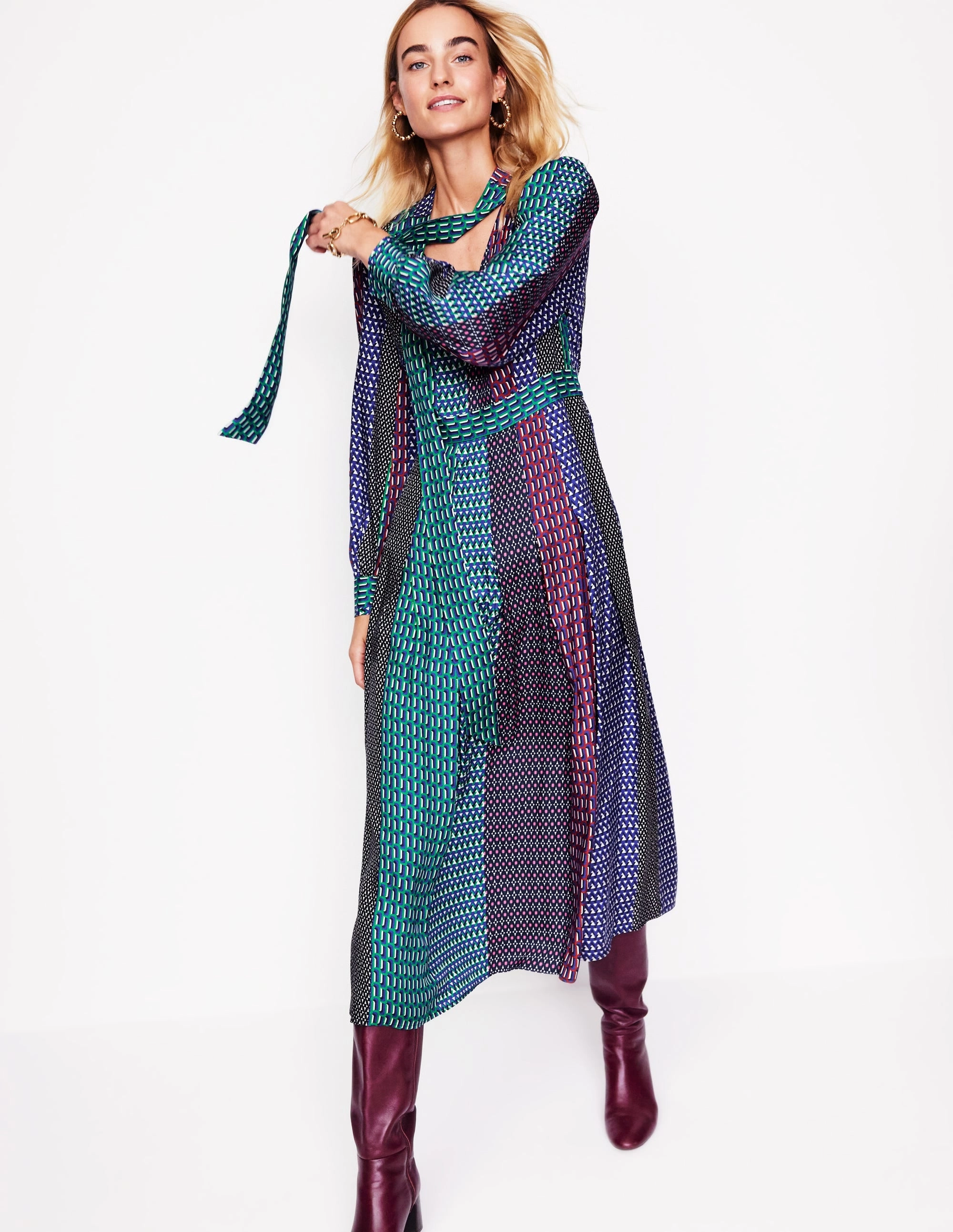 Cocktail-Party Pussy Bow Midi Dress-Multi, Geo Mix