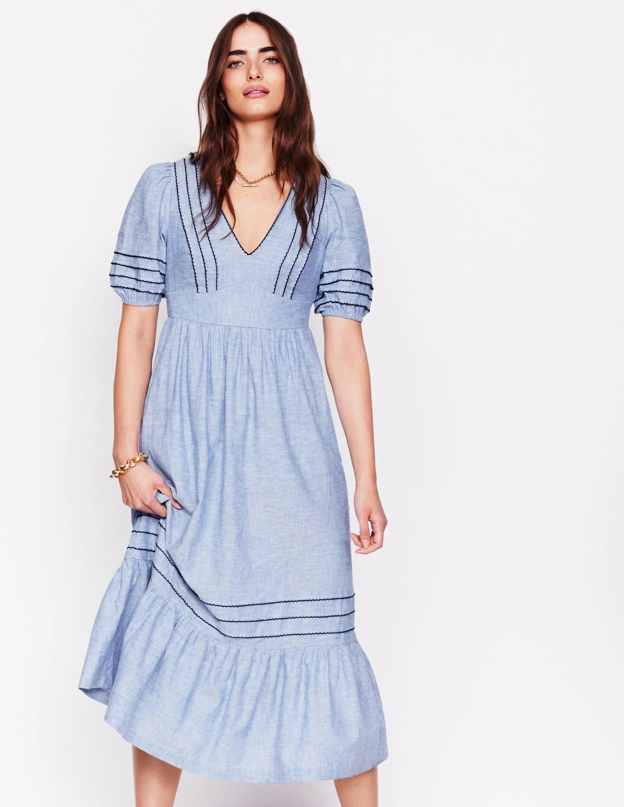 Smocked Waist Linen Dress-Grey Blue Chambray Work Pairing Romantic Bloom