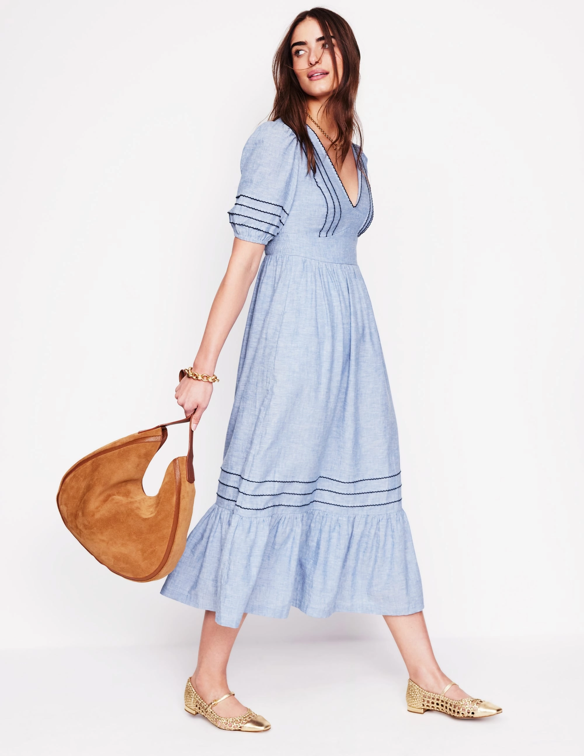 Tall Fit Tiered Skirt Smocked Waist Linen Dress-Grey Blue Chambray