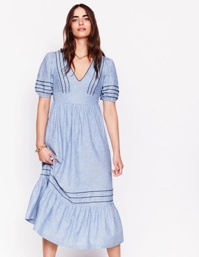 Smocked Waist Linen Dress-Grey Blue Chambray Work Pairing Romantic Bloom