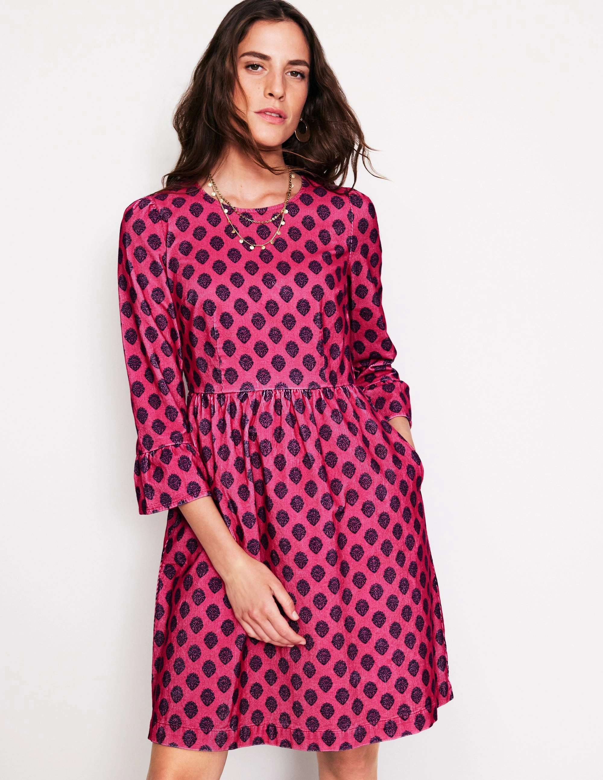 Ora Short Cord Dress-Cherry Jam, Ornate Stamp Bold Mood