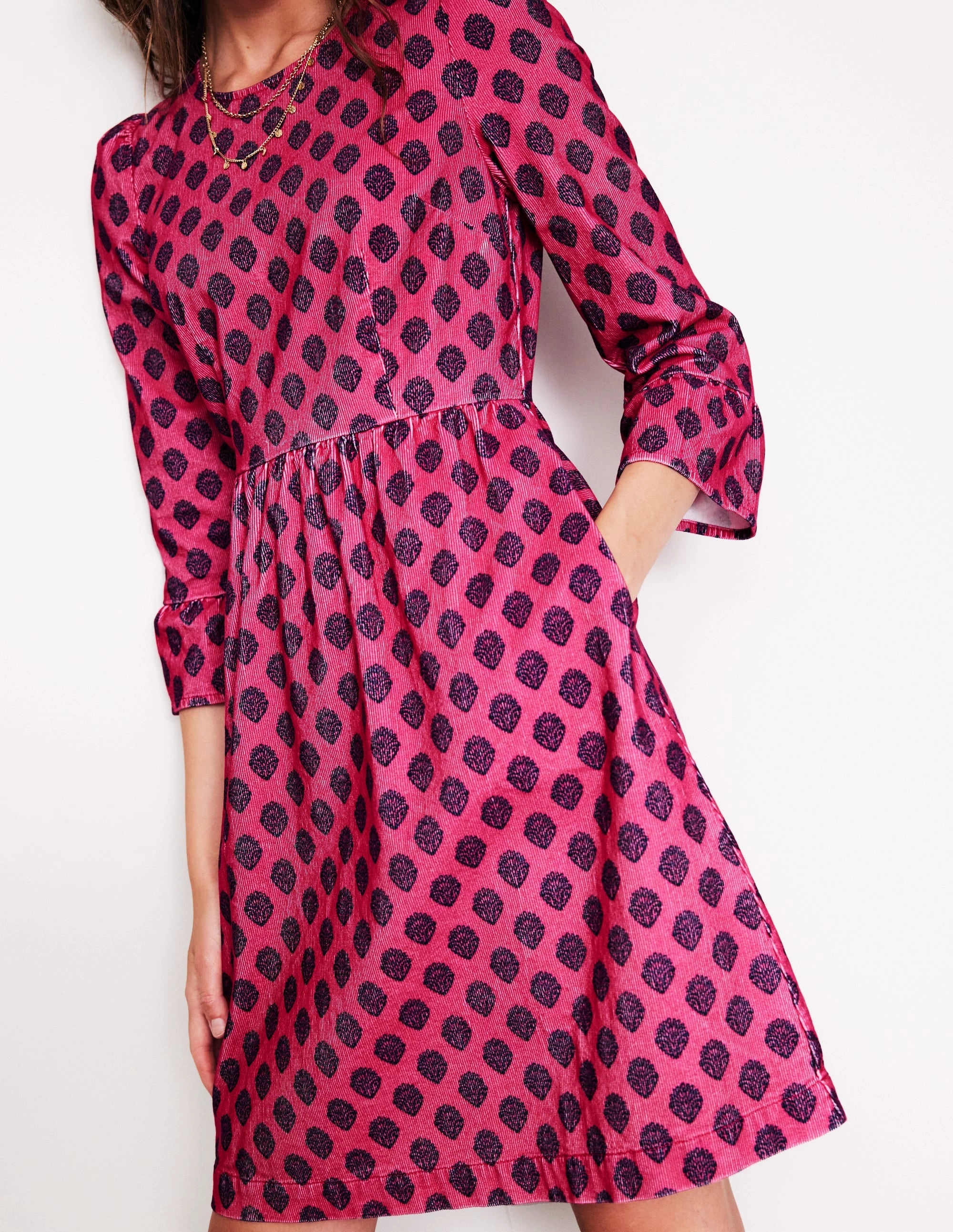 Modern and Feminine Trendy midi dress Ora Short Cord Dress-Cherry Jam, Ornate Stamp