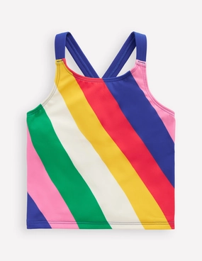 Glossy Finish Non Irritating Tagless Design Cross-back Tankini Top-Multi Rainbow Swirl