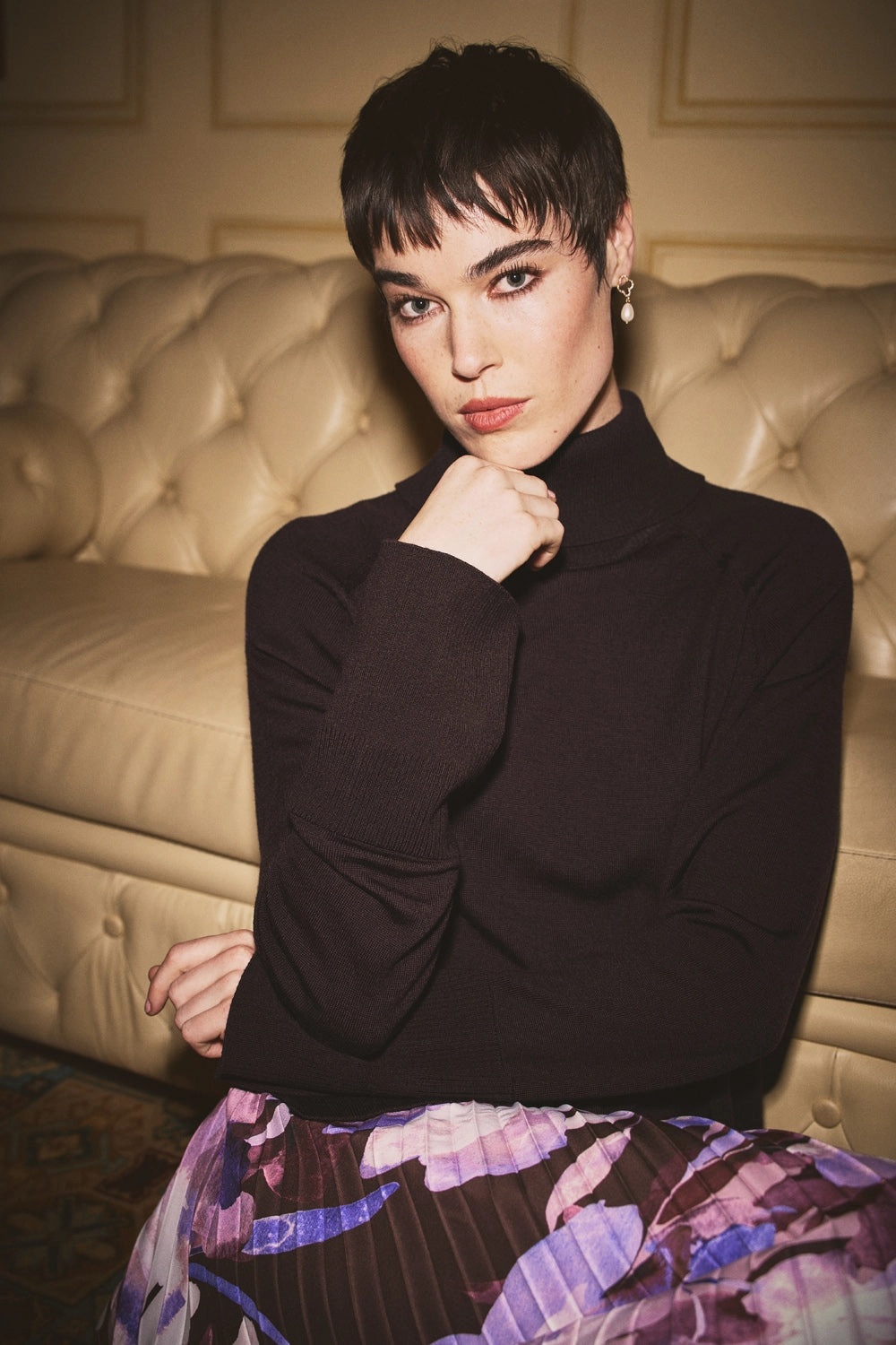 Side Split Merino Wool Jumper - Chocolate Chaud Yarn Dyed Pattern Cloth