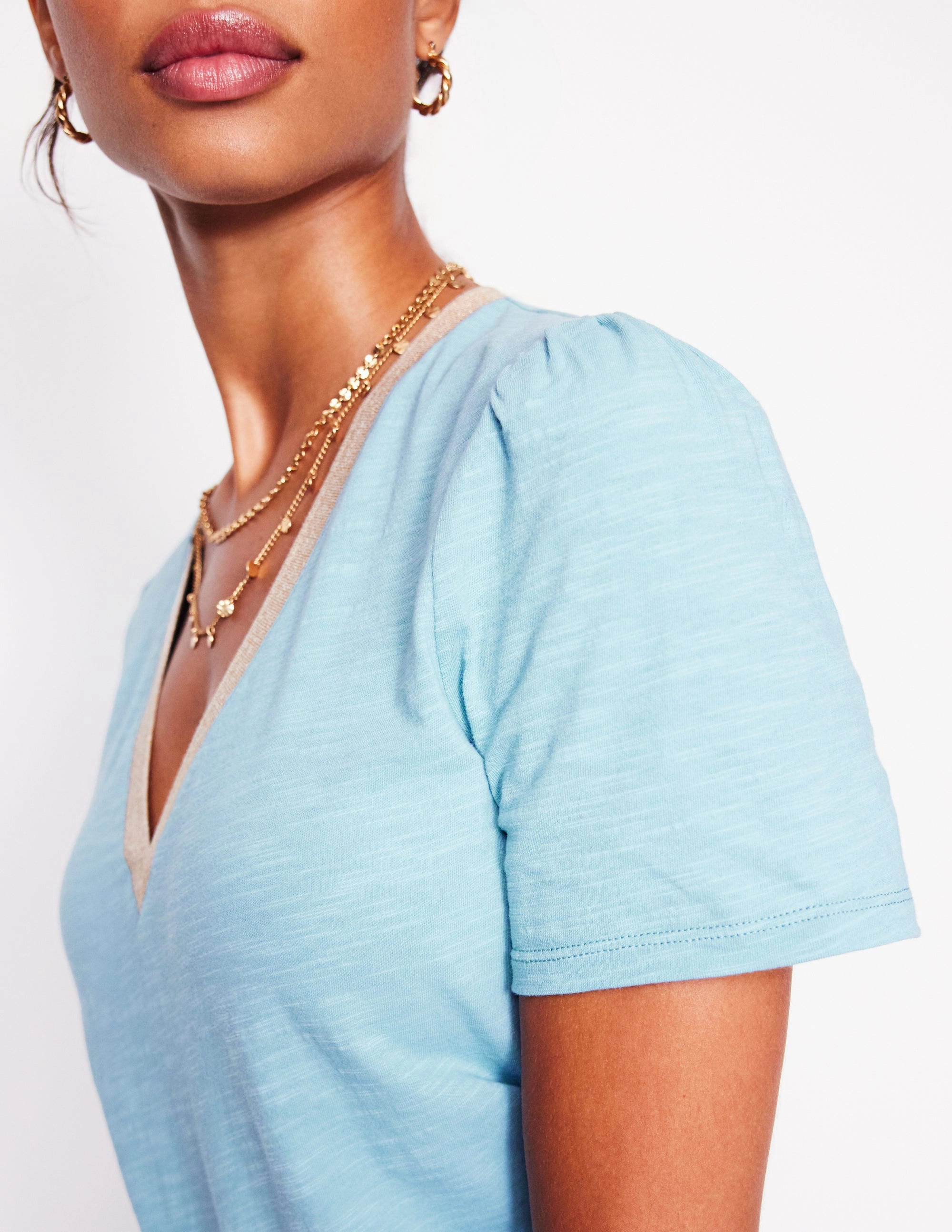 Metallic Trim V Neck T-shirt-Soft Blue Summer Ready