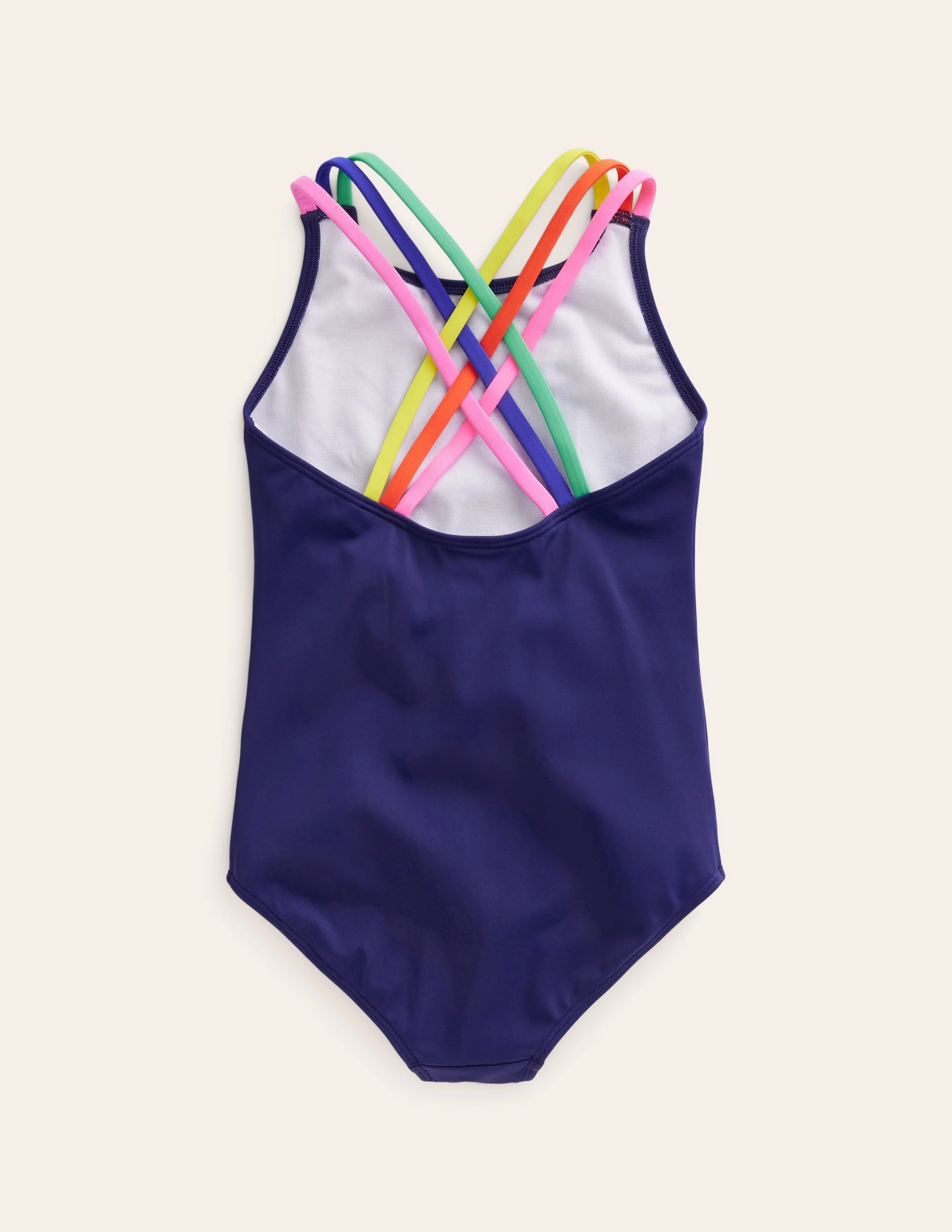 High Neck Style Smooth-Edges Rainbow Cross-Back Swimsuit-College Navy
