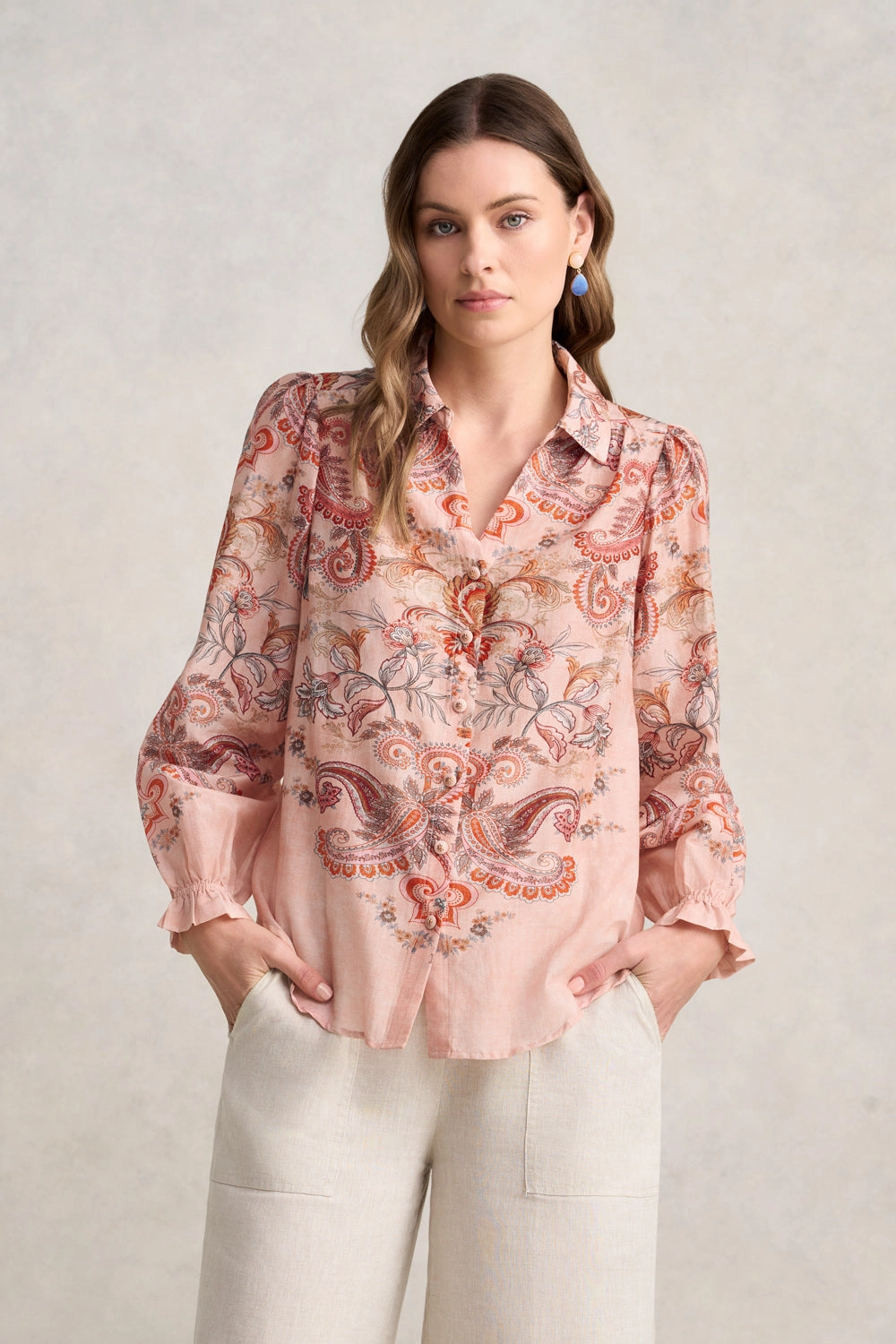Cotton Silk Printed Shirt ?C Peach Paisley Print ButtonlessClosure