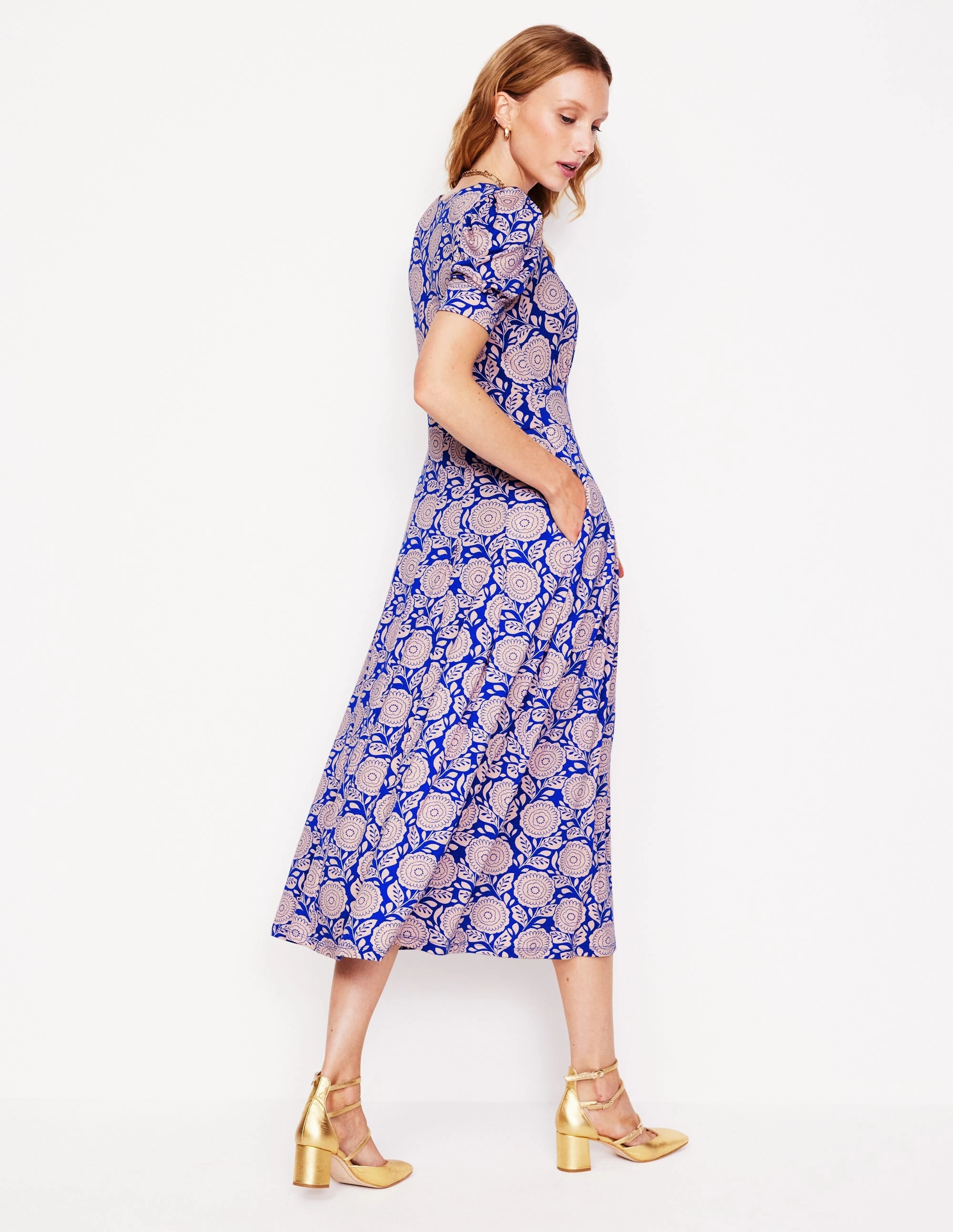 Elegant Motion Kristen Pleated Jersey Dress-Chintz Rose, Dahlia Stamp
