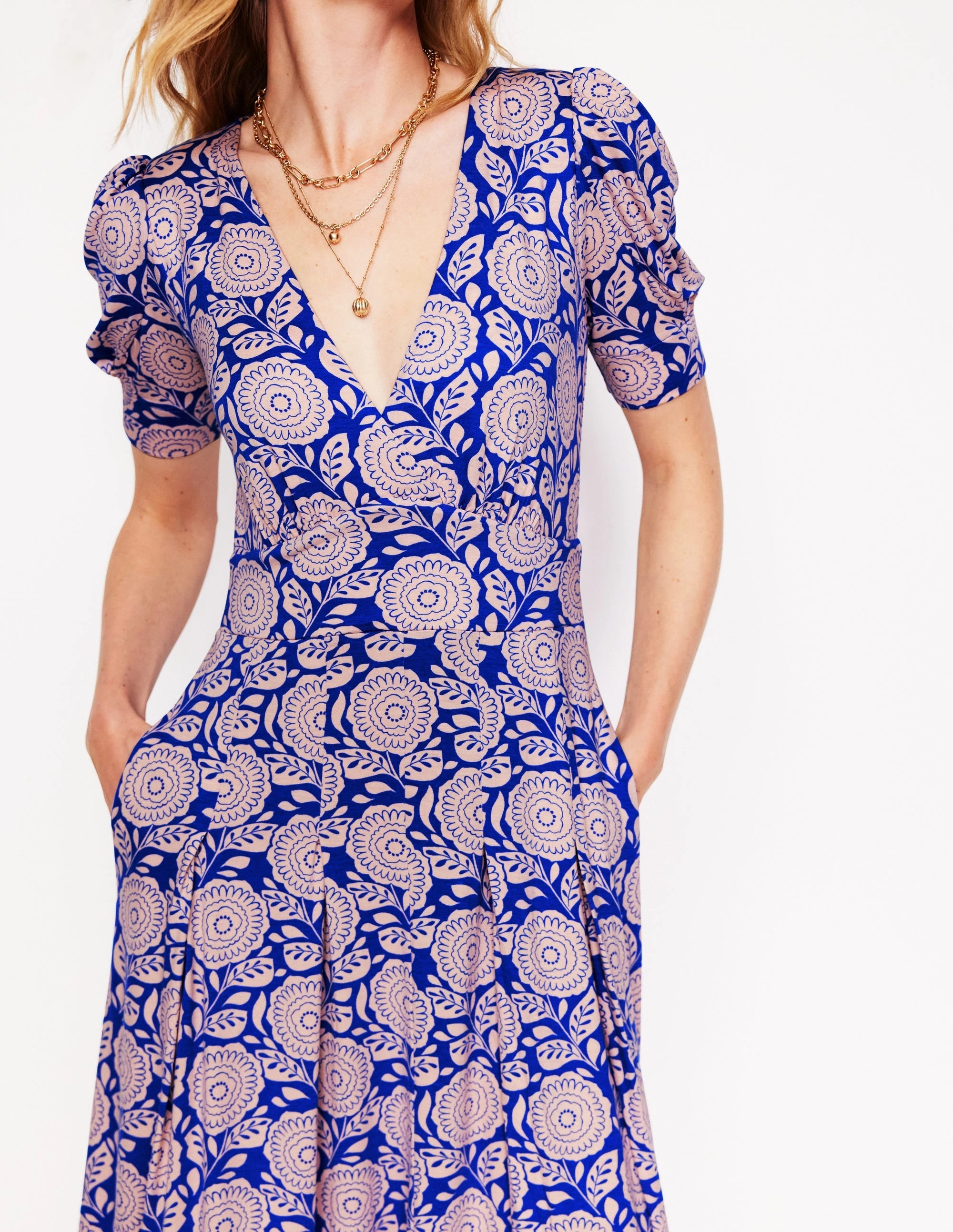 Kristen Pleated Jersey Dress-Chintz Rose, Dahlia Stamp Padded-Bust relaxed elegance