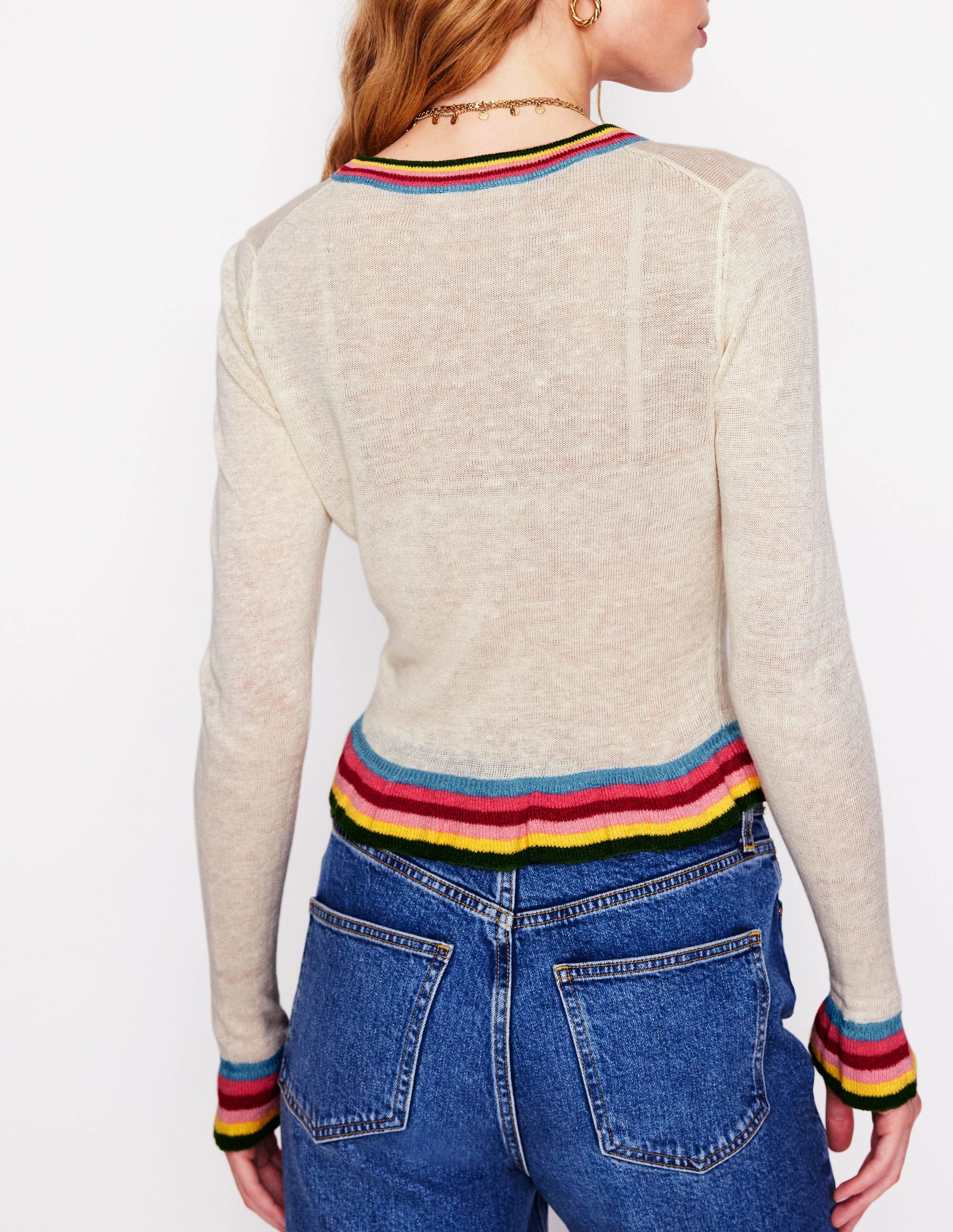 Josie Cropped Linen Cardigan-Warm Ivory, Multi Stripe Reinforced Shoulder Seams