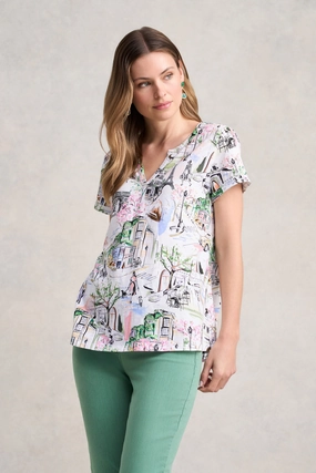 Notch Neck Cotton Tee - Rue Cremieux Print Activewear Top Stain Resistant Treatment
