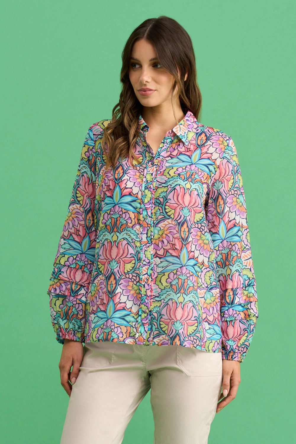 Yarn Dye Stripe Flexible Knit Blend Printed Cotton Silk Shirt - Lotus Print
