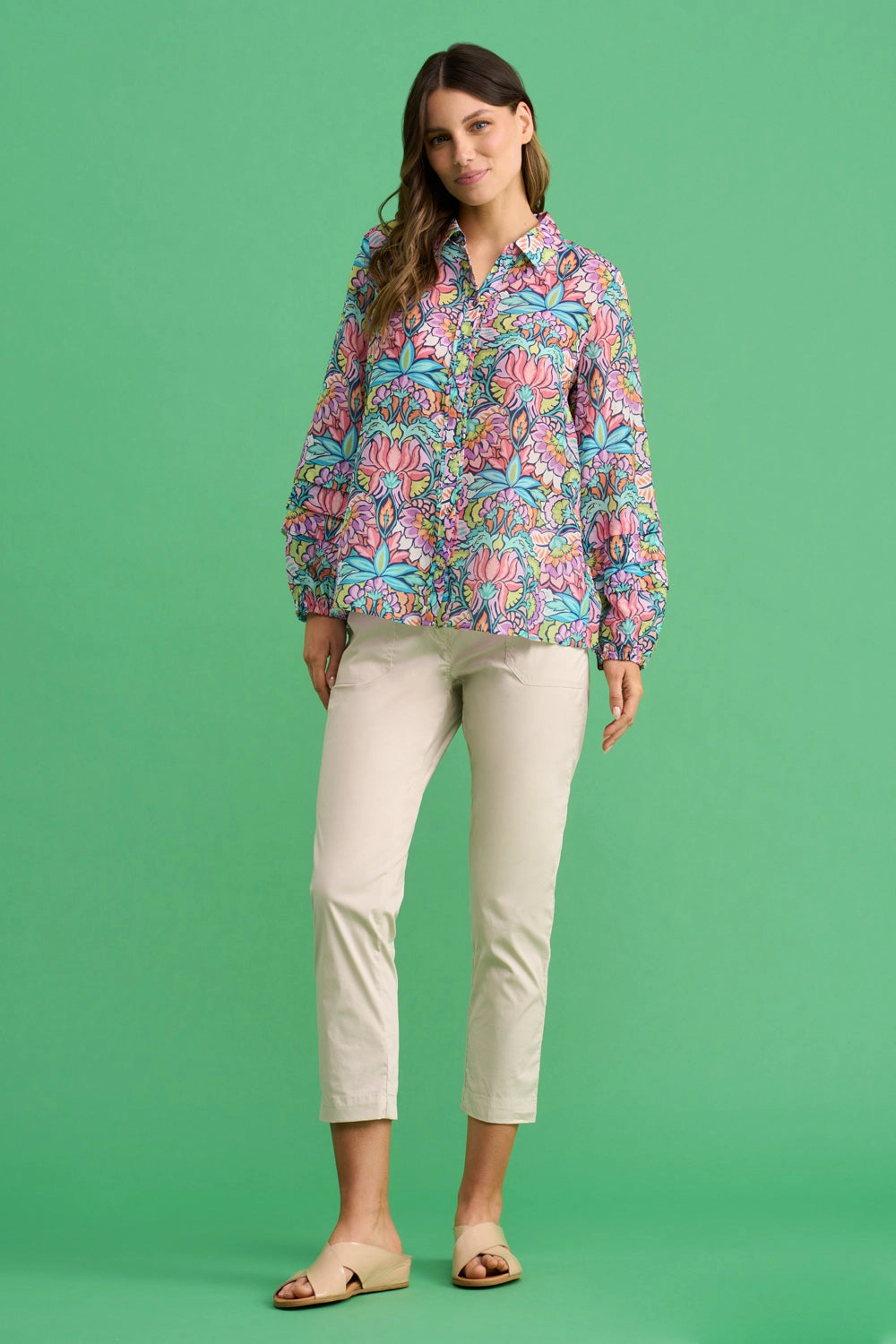 Printed Cotton Silk Shirt - Lotus Print UVProtection Coating