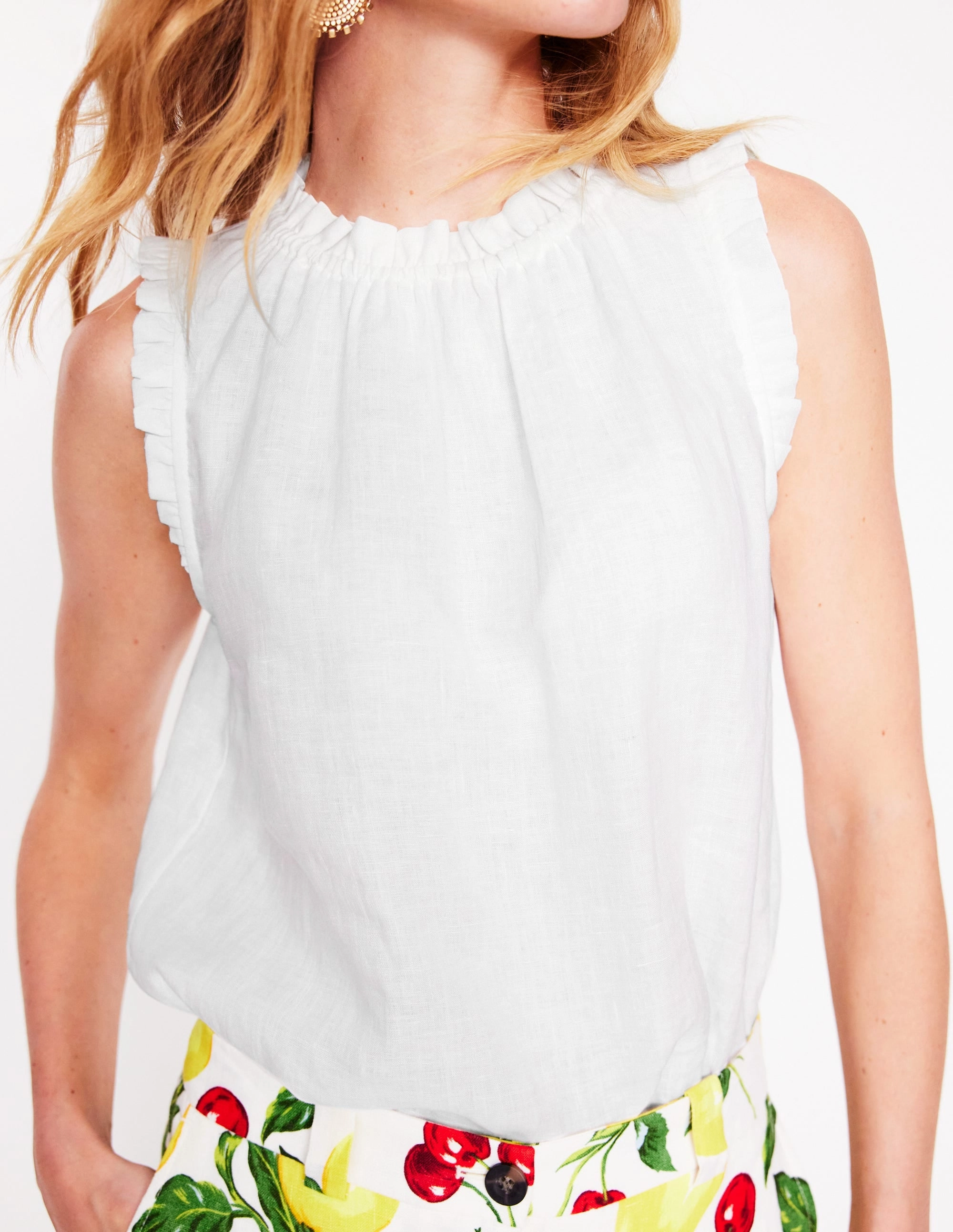 Sophie Ruffle Linen Top-White Timeless Appeal Slim Silhouette