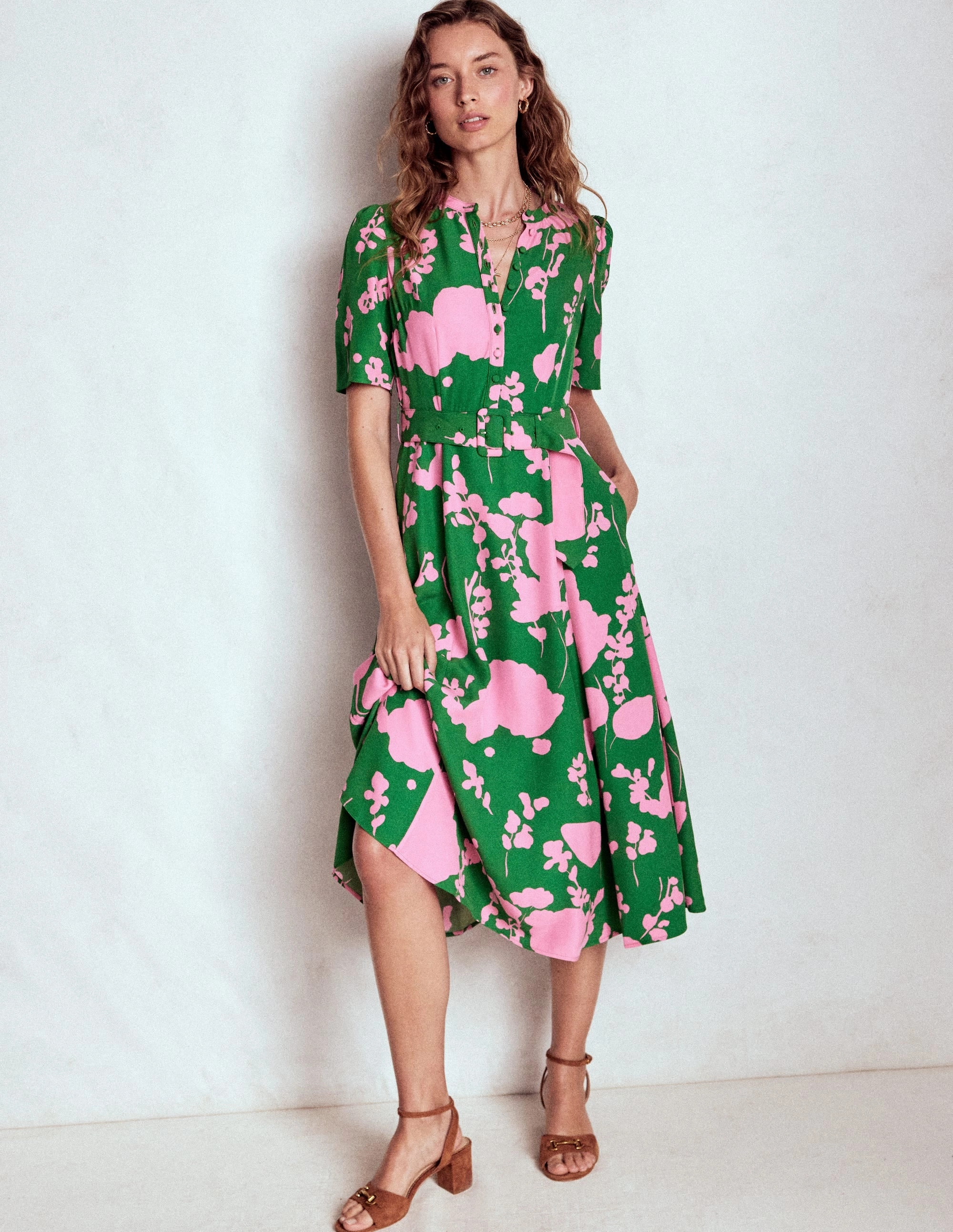 Kate Puff Sleeve Belted Dress-Highland Green, Dainty Sprigs Invisible-Zip